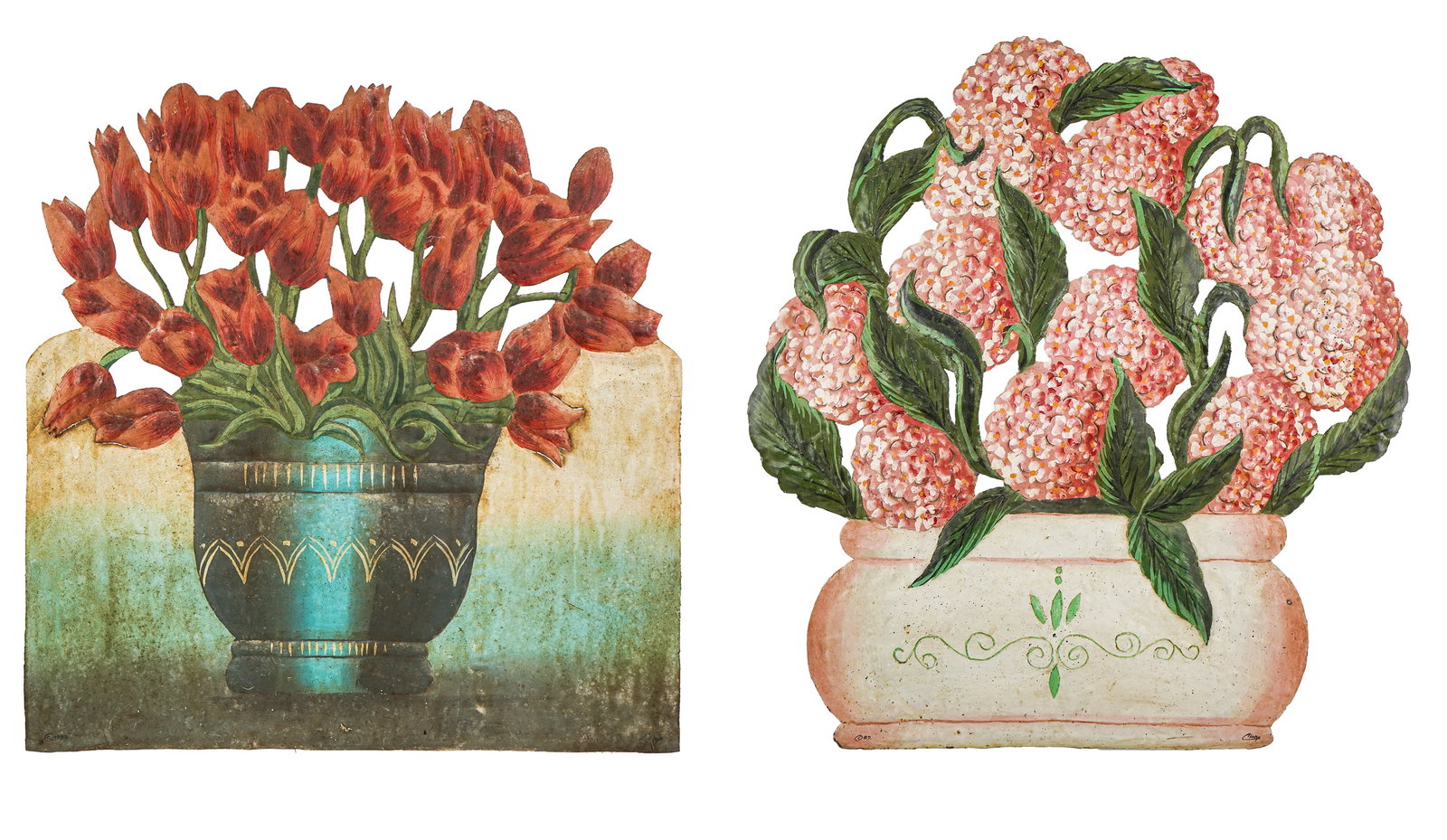 Pair of Painted Steel Floral fireplace screens: Two 20th c Fireplace screens- pierced and hammered steel and polychrome- each approx 30 x 30"