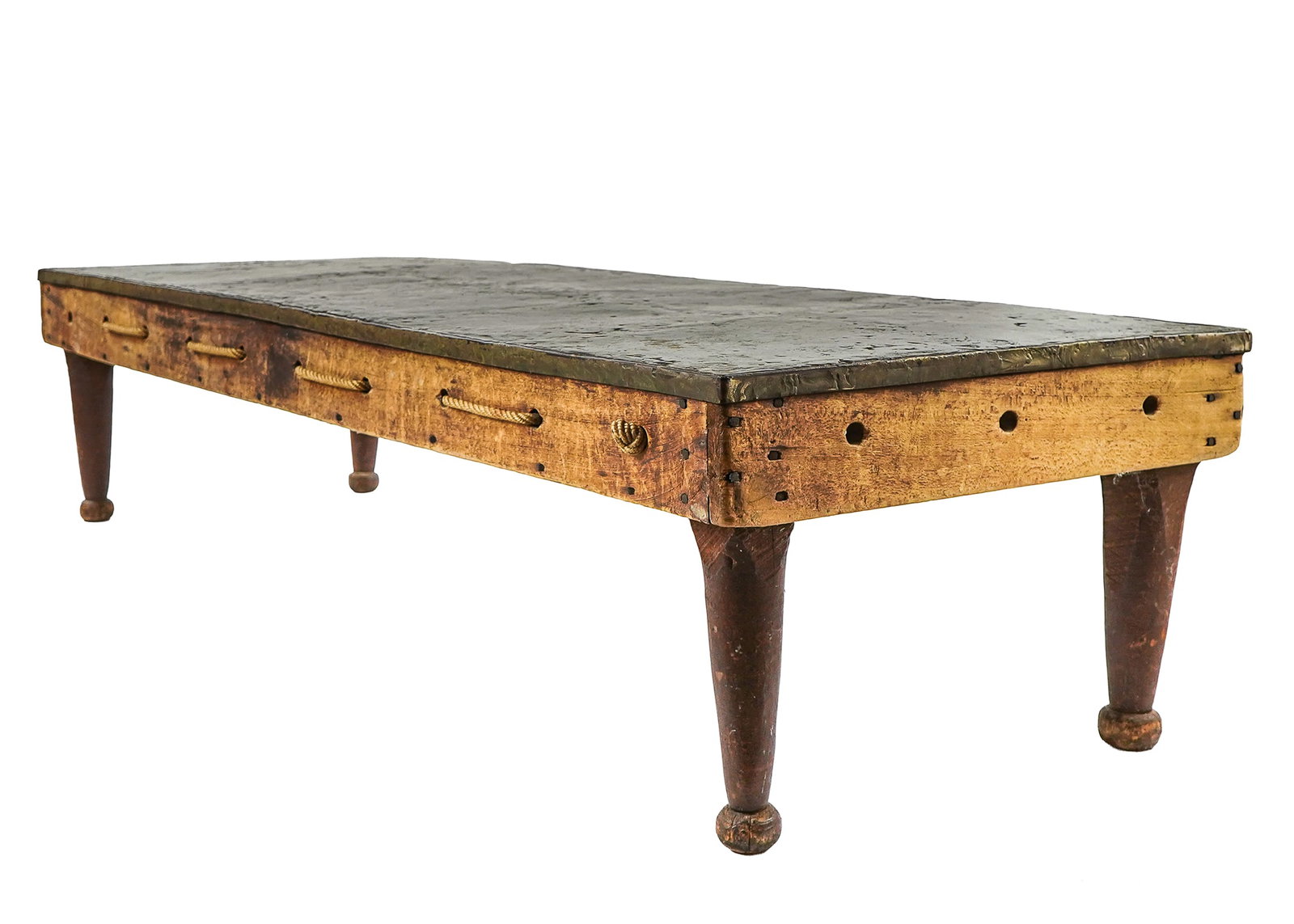 Silas Seandel (AM 1937-) Pewter Coffee table: Silas Seandel (American 1937-) Pewter coffee table- in a rustic, early american style. Crafted from a hired man's bed in old red paint- the top is reinforced steel, cast pewter and brass banding. It