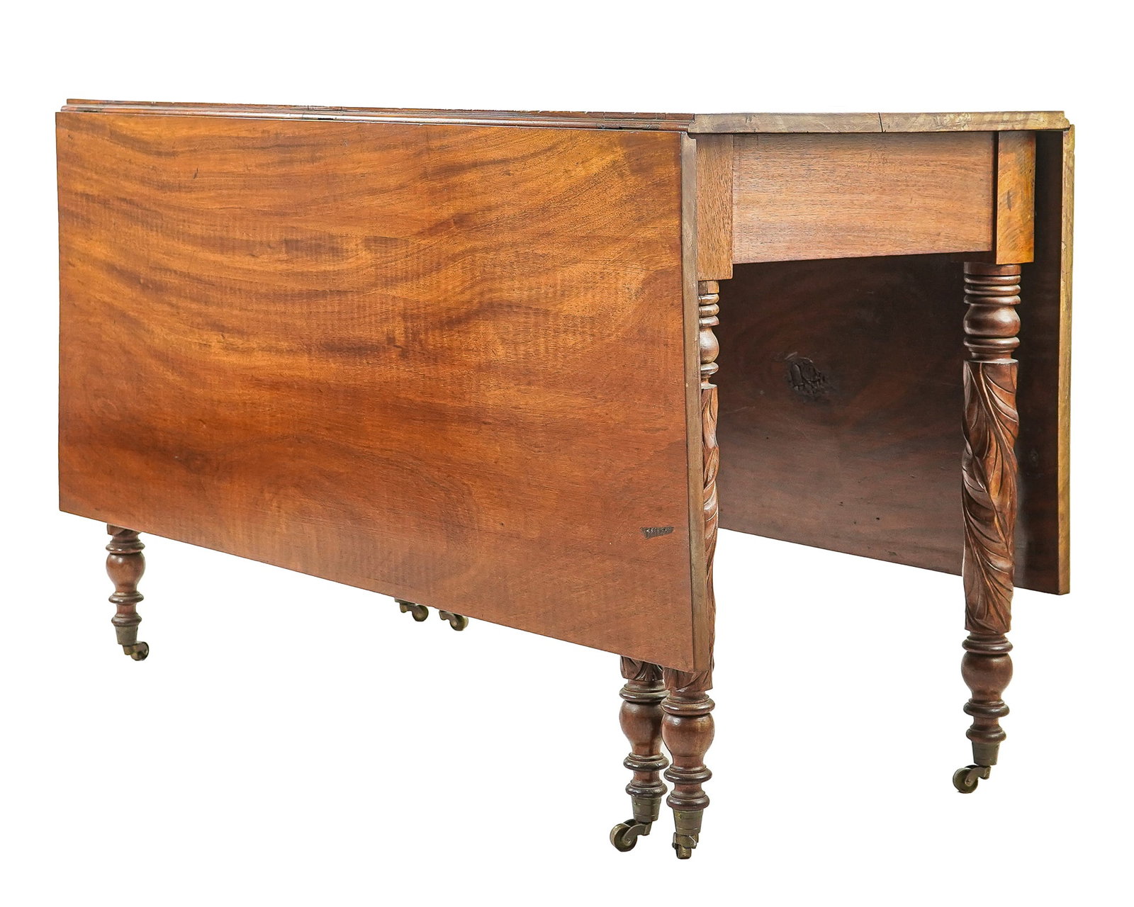 19th c Mahogany Deep Drop leaf table: 19th c Transitional Mahogany Deep Drop leaf table with acanthus carved legs- period reinforcements 29 x 47 x 21" 20" leaves