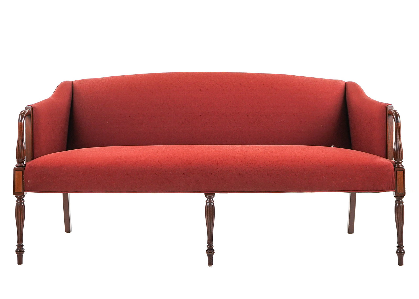 Contemporary Federal Style Love Seat: Contemporary Federal Style love seat with red upholstery reeded legs 36 x 70 x 24" 20" to seat