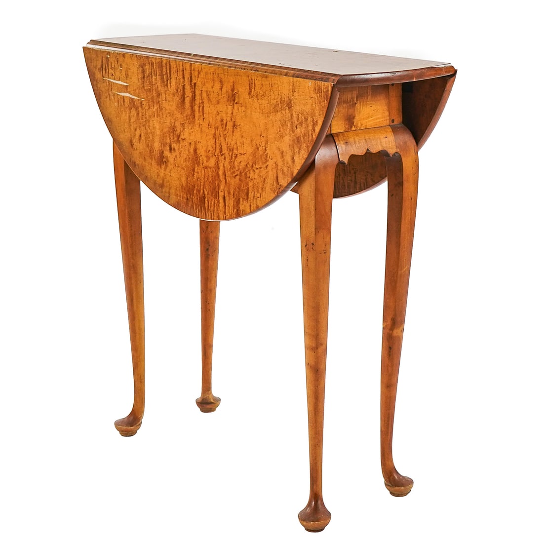Contemporary Tiger Maple Queen Anne Style End Table: Contemporary tiger maple Queen Anne style drop leaf end table, Serial number CM 115007 950- Marked with craftsman's signatures- 28 x 28 x 8" 10" leaves.