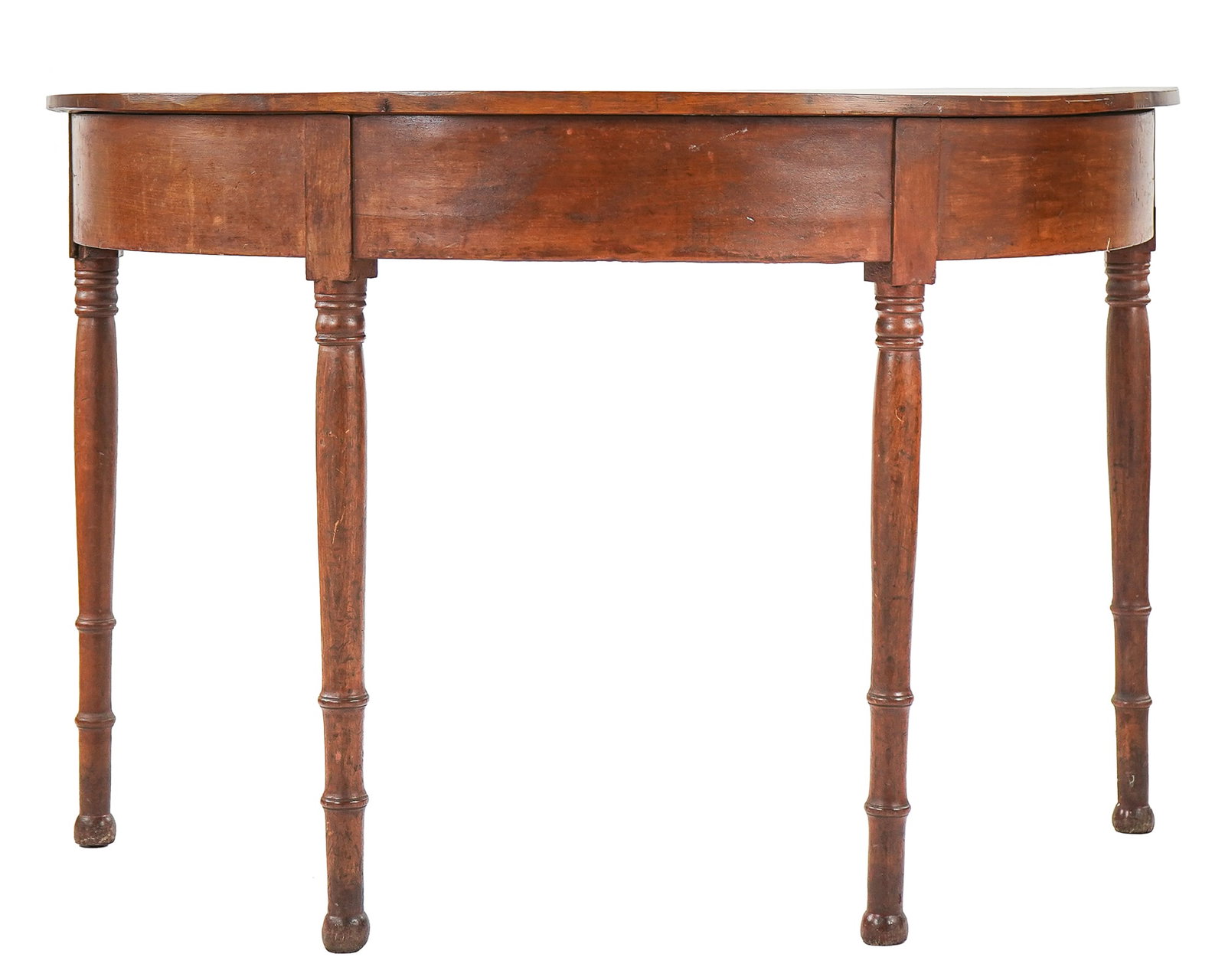 19th c Cherry Demilune Table: 19th c Cherry Demilune Table- originally end of a banquet table with turned sheraton legs, clean and refinished. 28.5 x 43 x 20.5"