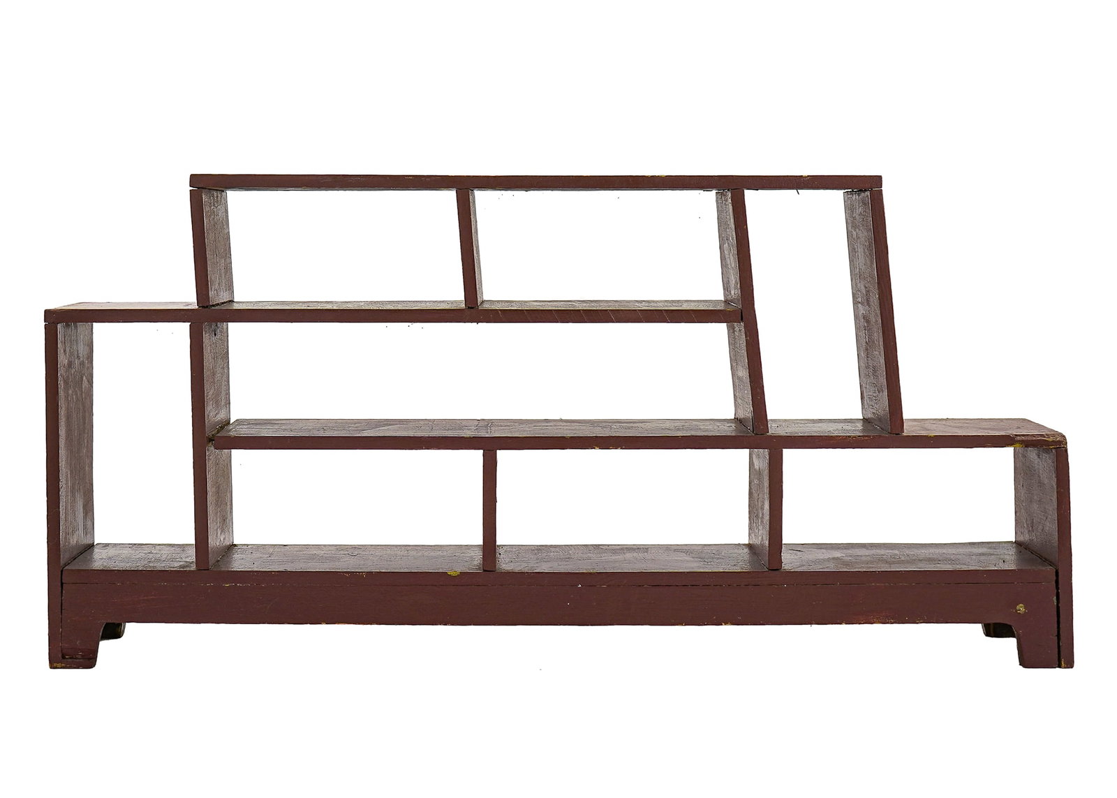 19th c Red planted shelf: Unusual 19th c Red Painted shelf- with strange low configuration - 28 x 57 x 9"