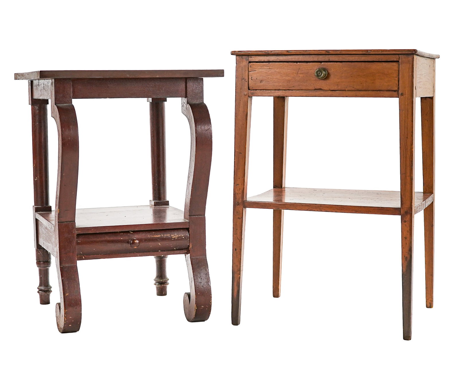 Two 19th c Stands: Two 19th c Stands- One Empire transitional stand 28 x 21 x 18" one Hepplewhite style with lower shelf 29 x 20 x 16"