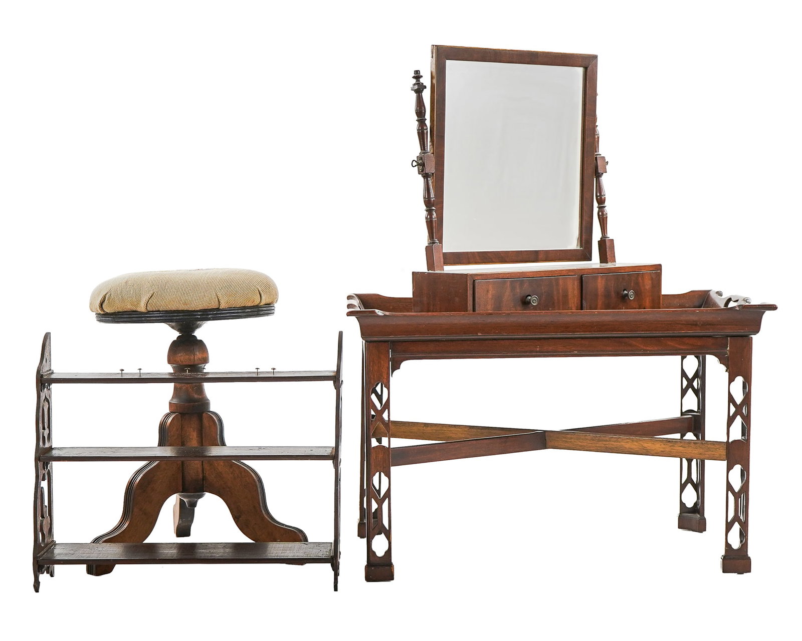 Four Small Pieces of Furniture: Four Small Pieces of furniture- 19th c Mahogany shaving mirror with 2 drawers 19 x 18 x 7"; Hanging whatnot shelf with floral reticulated decoration 14 x 20 x 6"; Piano Stool with later needlepoint se