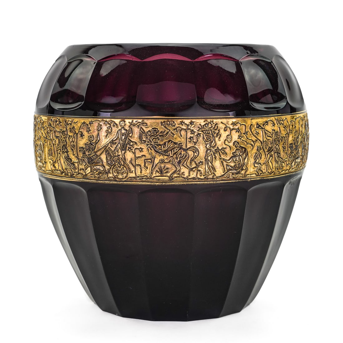 Moser Amethyst Art Deco Glass Bouquet Vase: Large ca. 1920s Moser amethyst purple Art Deco glass bouquet vase having gilt intaglio classical frieze of figures amid grape vines -some wear to gilding, otherwise good overall condition 8.25" x 9"