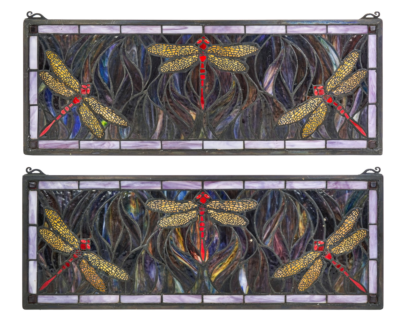 2 Dragonfly Leaded Stained Glass Panels: Pair of contemporary late 20th c. dragonfly decorated leaded stained glass panels in tones of amber, red and amethyst slag, red cabochon eyes. 10.5" x 28.5" -overall excellent condition.