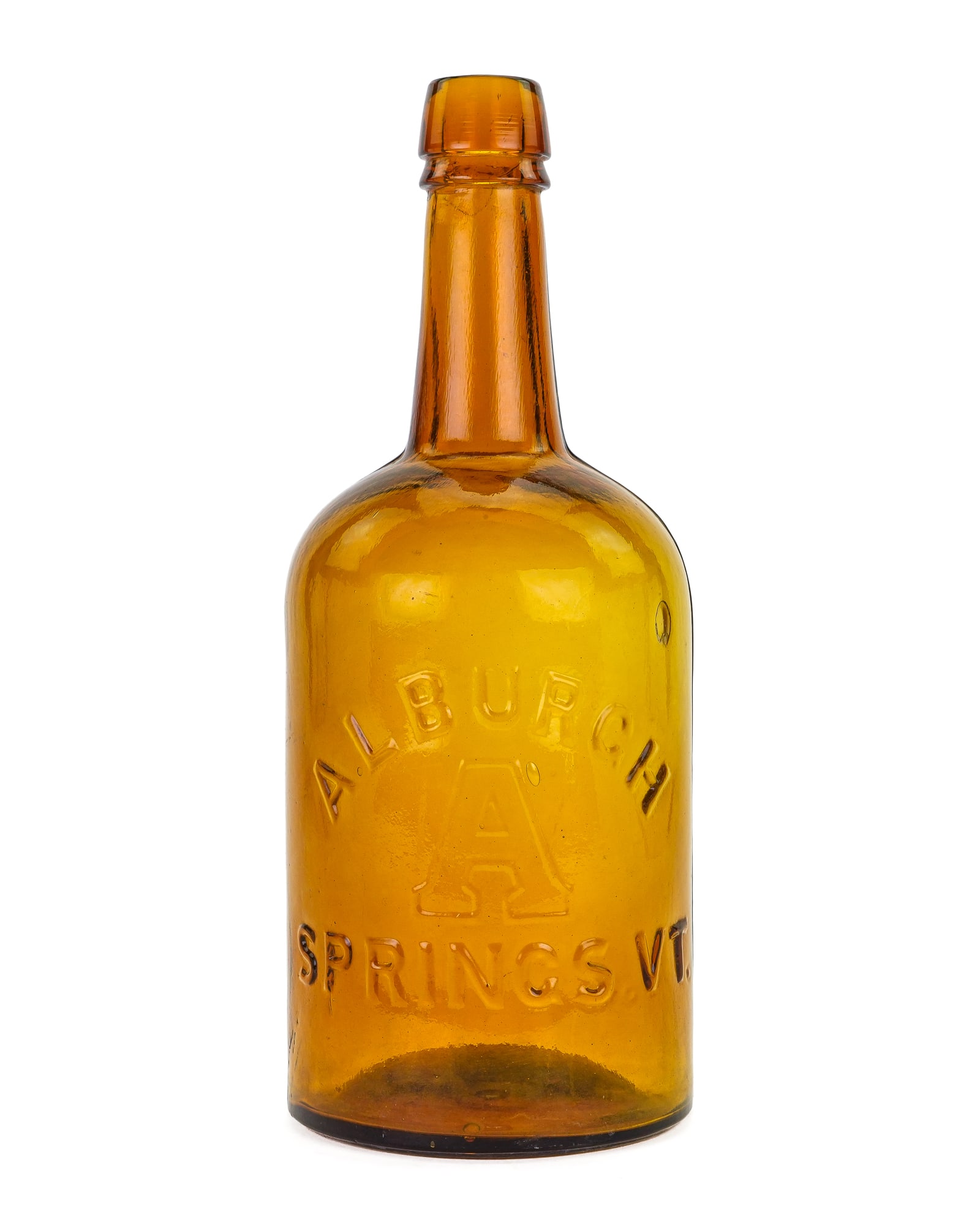 Alburgh Springs VT "A" Spring Water Bottle: 19th c Alburgh Springs, Vermont "A" spring water bottle. Quart, light amber color, 9 3/4" h. small bubble burst.