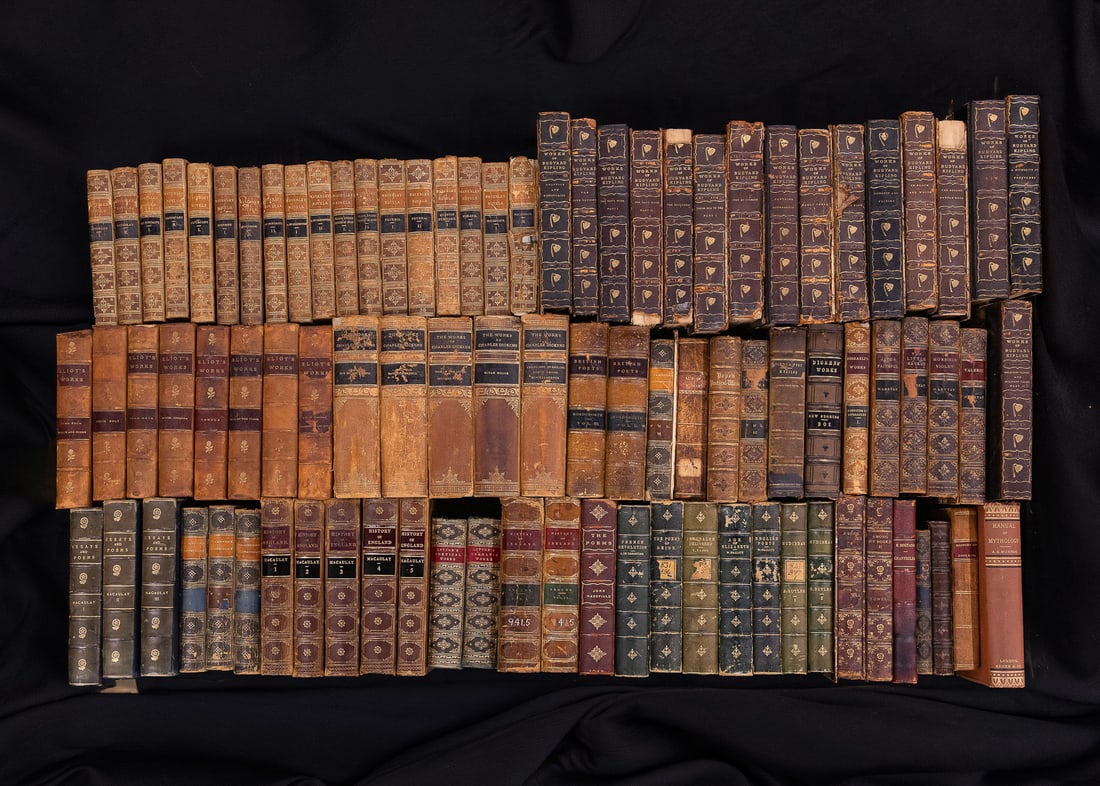 3/4 Calf Leather Bound Books: 19th- early 20th c hardcover books bound in 3/4 calf, including partial sets (approximately 192 pcs), varying conditions (local pick-up/ private carrier highly recommended due to shipping costs)