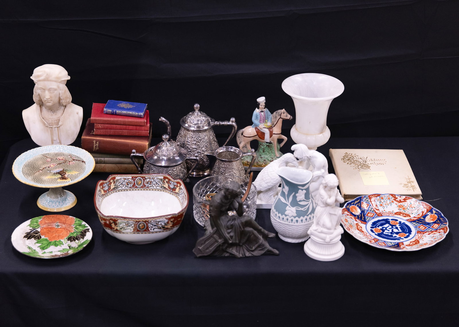 China, Silver, Glass, Alabaster: Imari charger, Waterford bowl, Bing & Grondahl unglazed bisque figure, Alabaster vase, majolica tazza, silver plated tea set, Staffordshire figure, etc