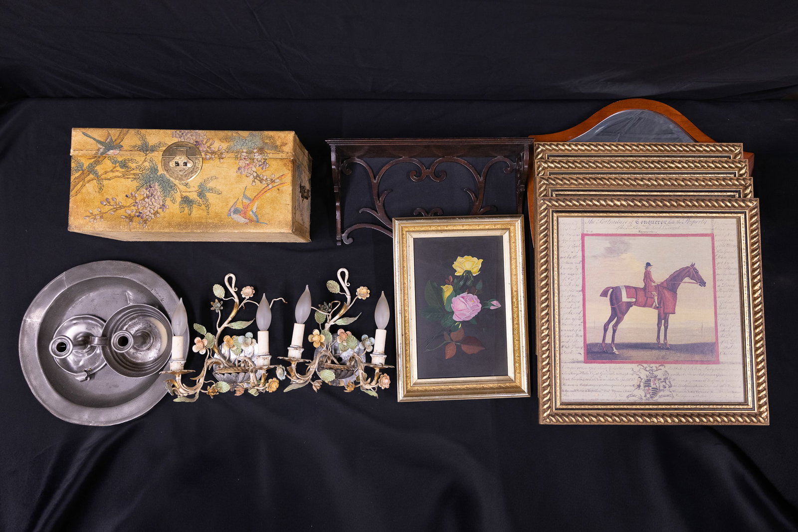 Decorative Accessories: Chinese hide covered box (17" x 10" x 8"), pair of Italian wall mount double electric hall lights, floral still life of flowers on slate in lemon gilt frame, set of 4 reproduction equestrian prints in