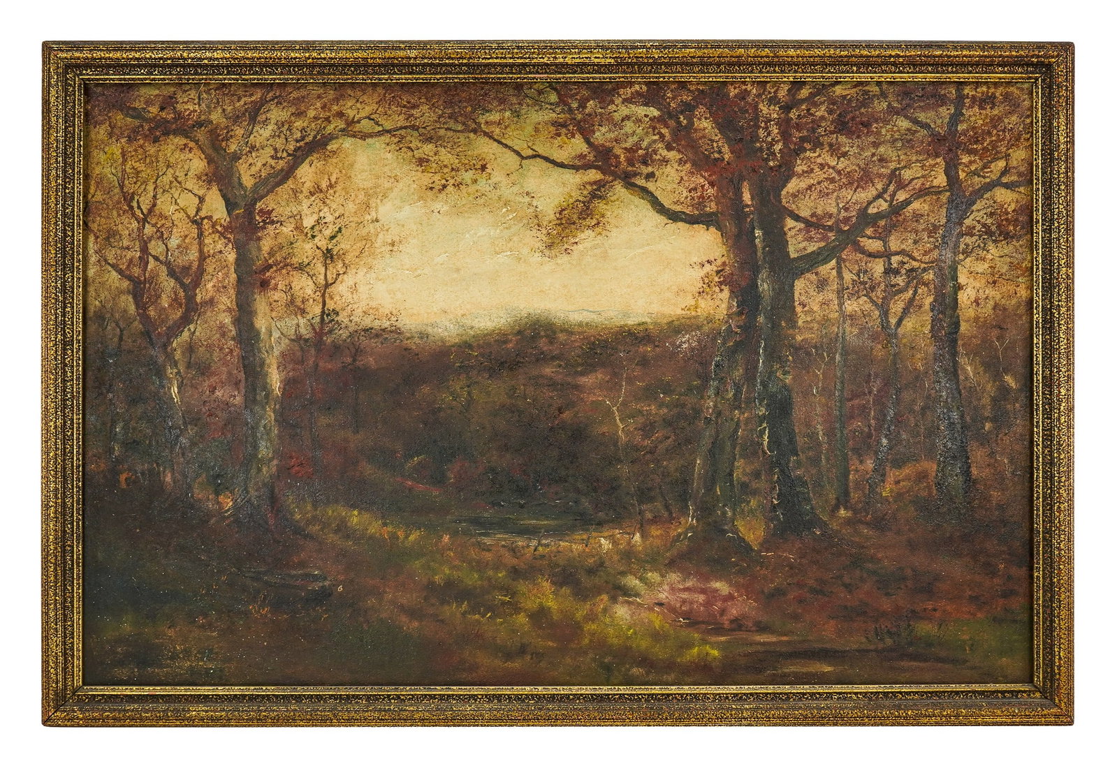 20th c Oil on canvas Autumn scene after Shapleigh: 20th c Oil on canvas autumn landscape after Shapleigh, unsigned with later unverified attribution. 24 x 36" 26 x 38.5" as framed