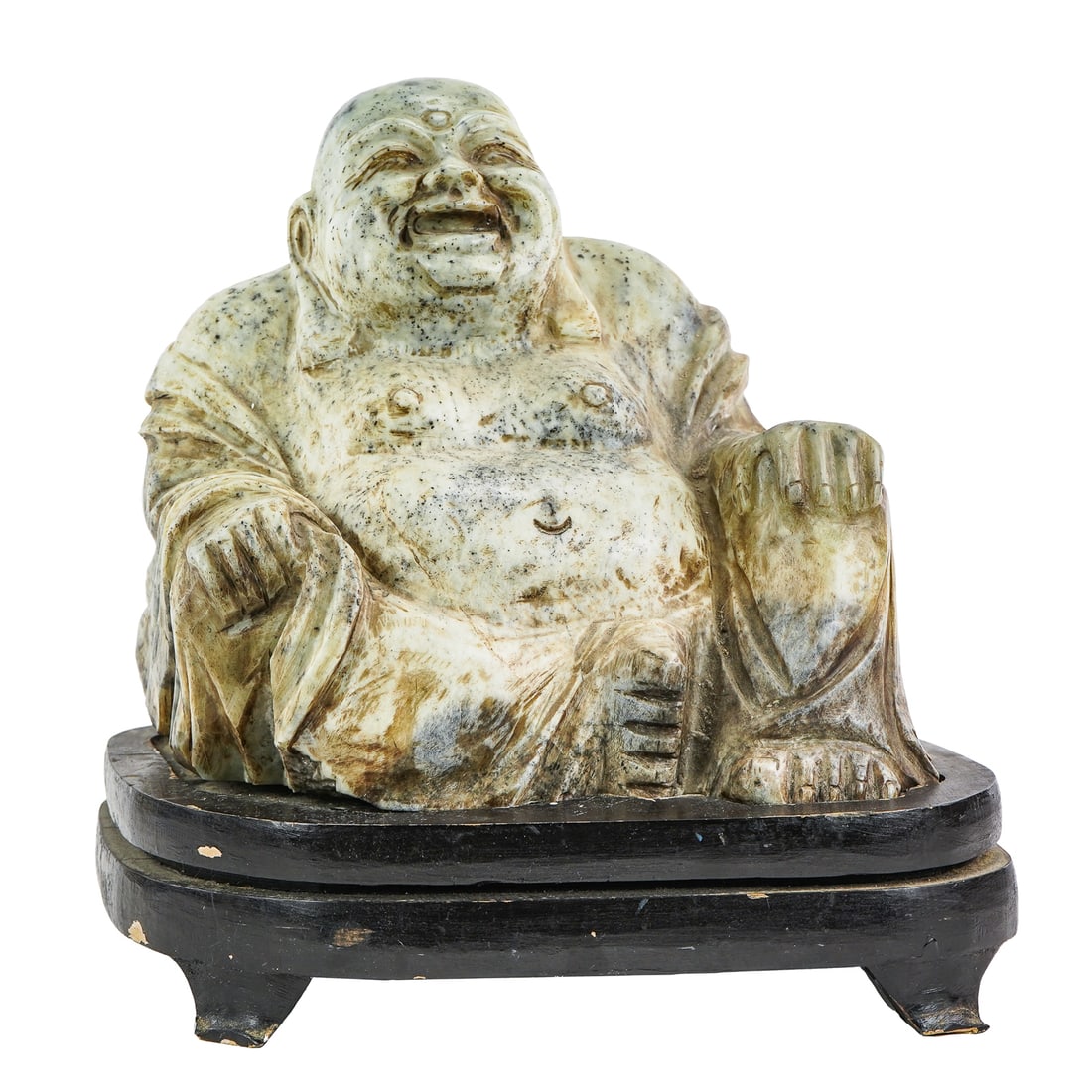 Large Stone Buddha The Happy One: Large Chinese carved stone Buddha, the Happy One, (very heavy, required local pick-up/ private carrier), 14"x 13" x 17" ht