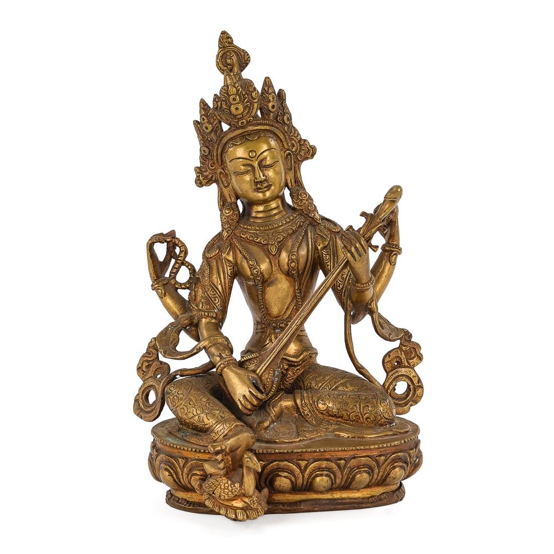 Nepalese Brass Goddess Saraswati: Nepalese brass/ bronze Goddess Saraswati, Made in Nepal label, 12 1/2" x 8" x 7"