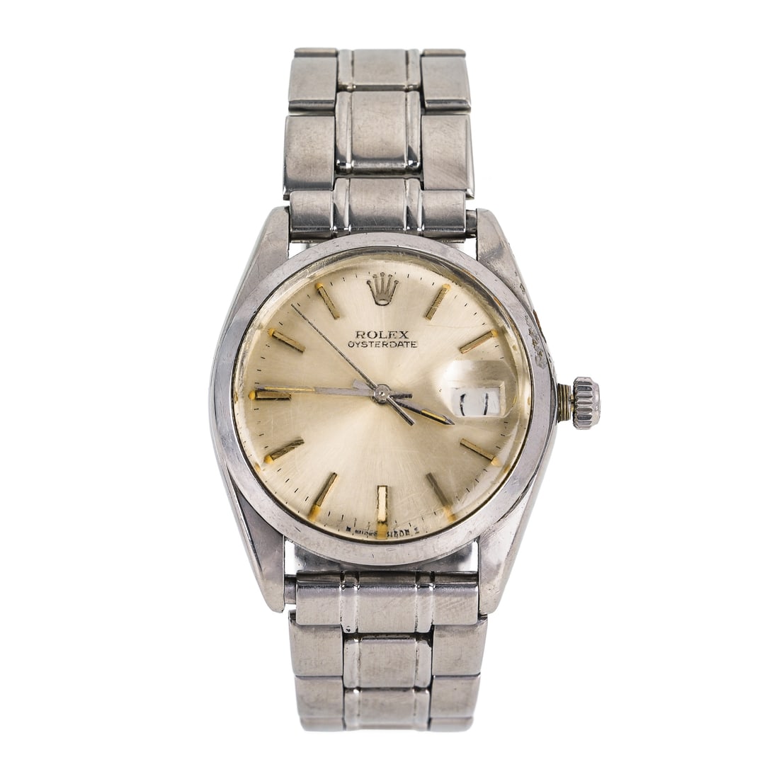 Rolex Oysterdate Men's Wrist Watch: Rolex Oysterdate men's stainless steel wrist watch. Gold tone face, hash marks on hours, running, with box and papers.