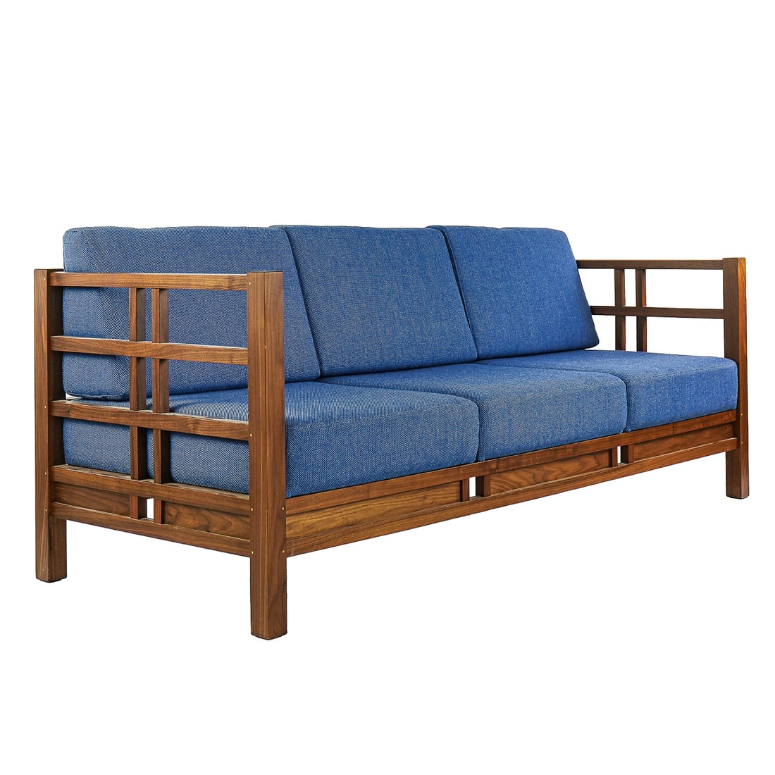 Thomas Moser "Windward" Three seat sofa: Thomas Moser "Windward" Three Seat walnut sofa. with blue tweed upholstery from Moser's Website- Inspired by the resource-conscious practices of traditional Asian craftsmen, the Windward Sofa
