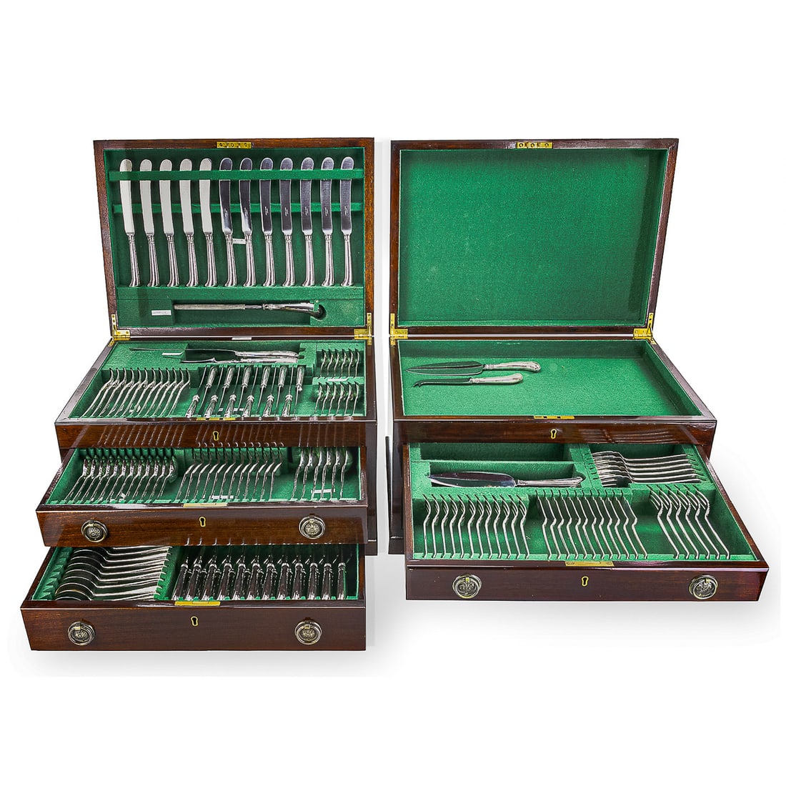174 pc. Asprey of London Sterling Flatware Set: Outstanding 174 pc. Asprey of London Ltd. ca. 1982-83 sterling silver flatware canteen including 12 dinner knives with stainless steel blades, lg. carving set and sharpening steel, game carving set,