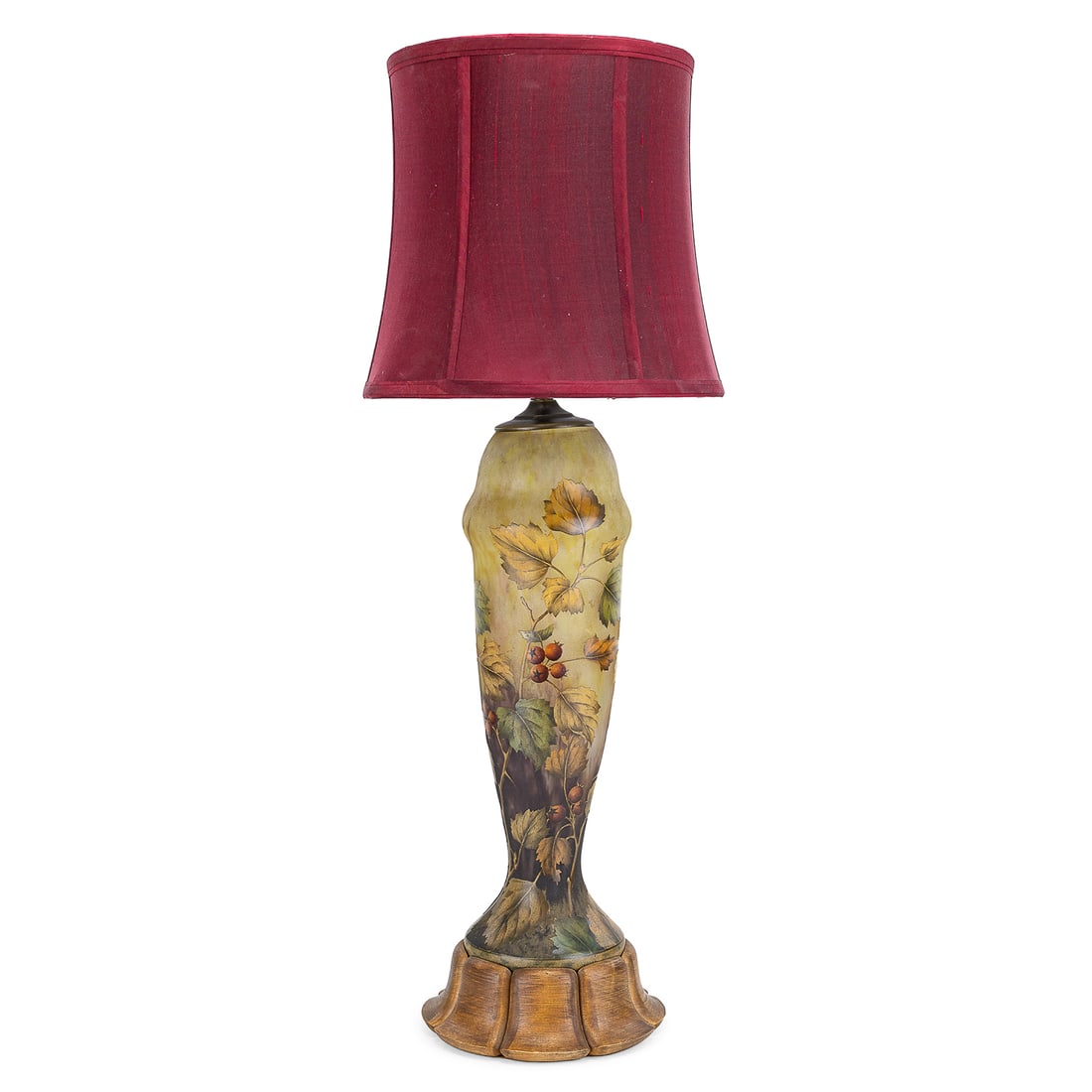 Daum Nancy Vase/ Table Lamp: 1930's Daum Nancy cameo glass vase, base drilled for a lamp, vase ht 18", overall ht with shade 33"