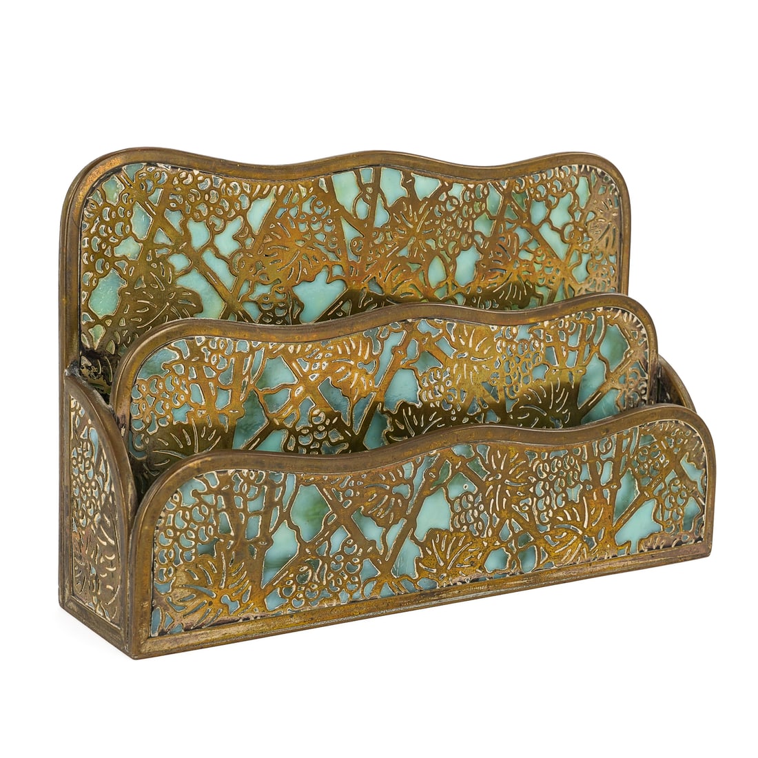 Tiffany Studios Grapevine Letter Rack: Tiffany Studios, New York 1008 "Grapevine" letter rack, 10" x 6 1/4" x 2 1/2"