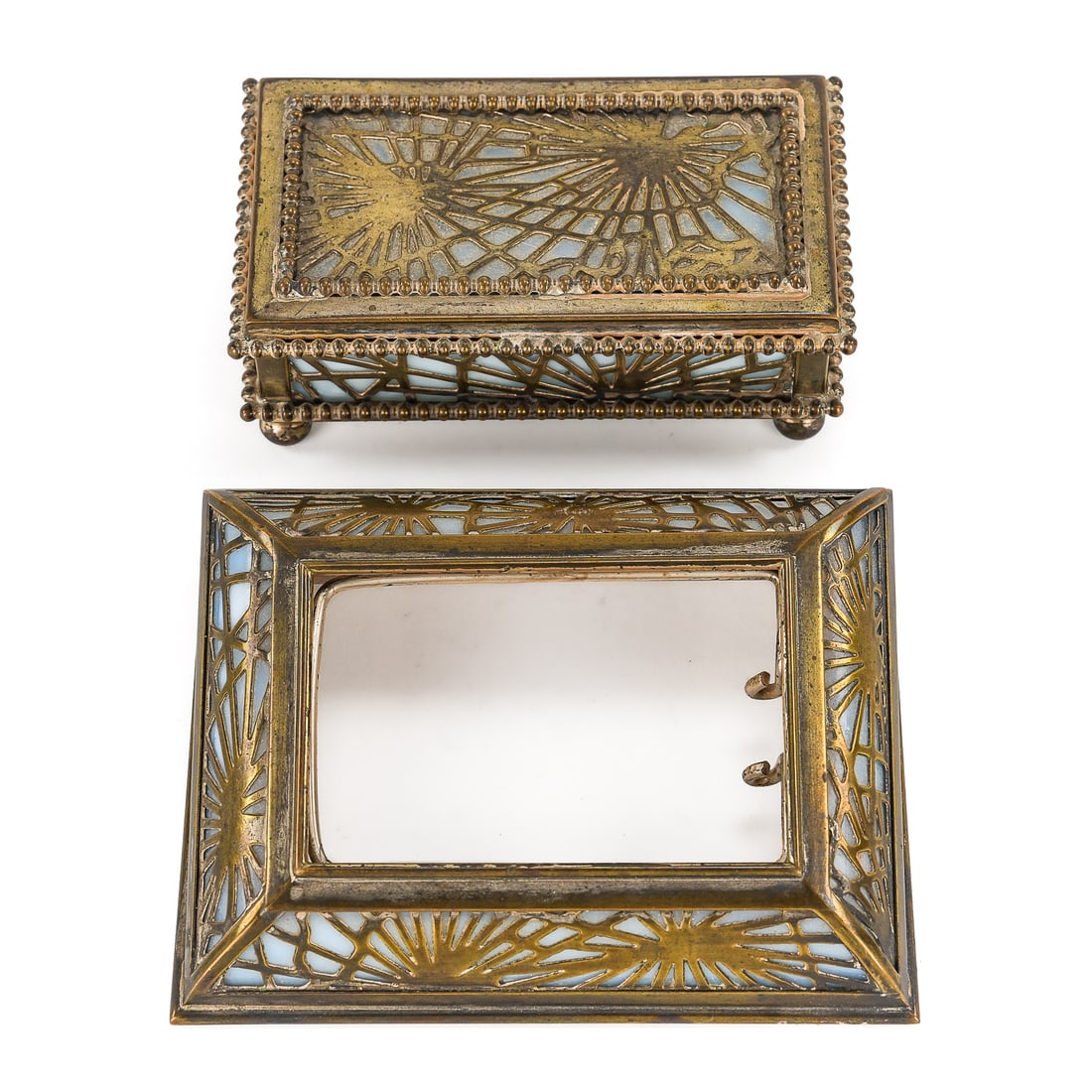 Tiffany Studios Pine Needle Stamp Box & Calendar: Tiffany Studios, New York 801 "Pine Needle" stamp box & 930 "Pine needle" calendar frame, lengths 4 1/4", 4 1/2"