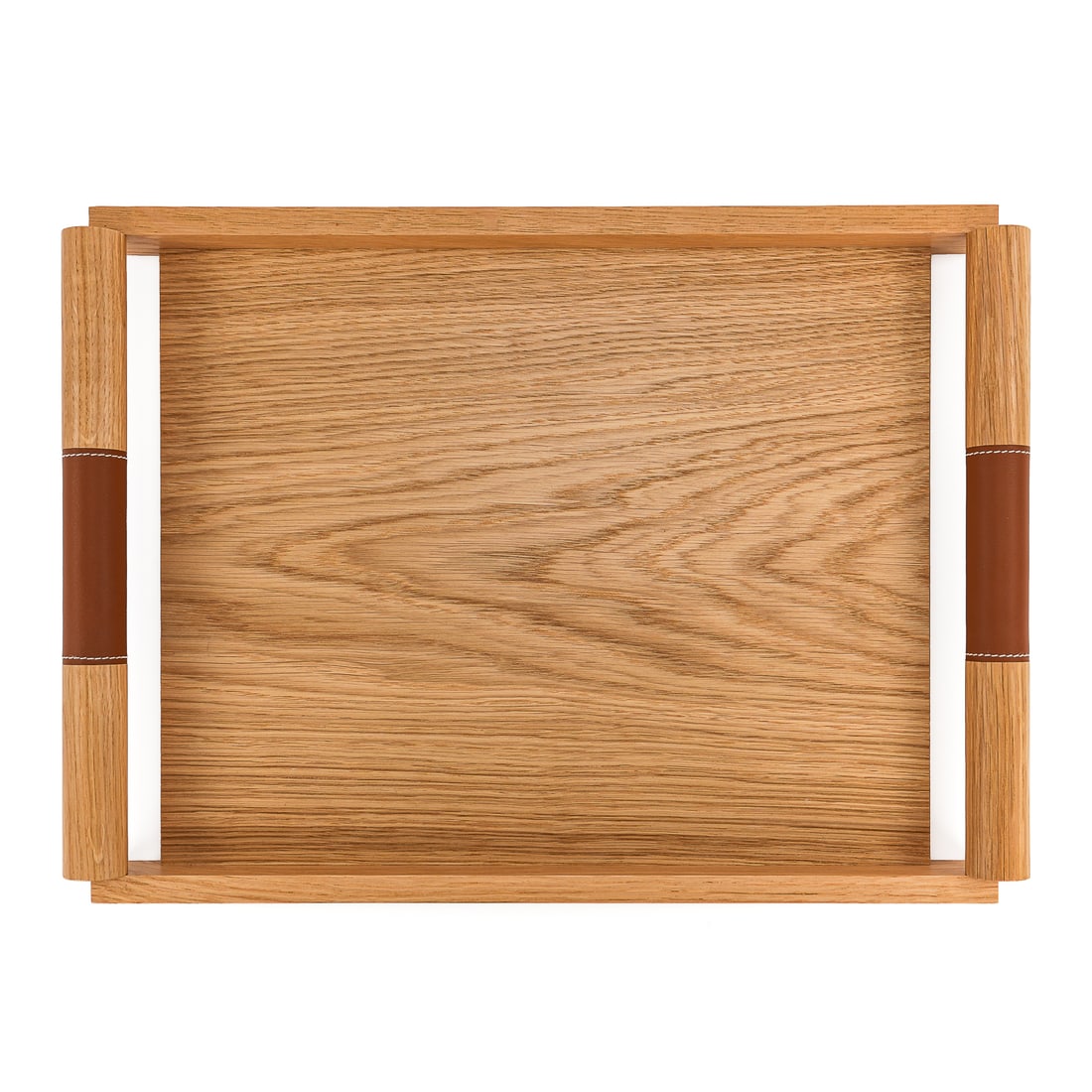 Hermes Jumping H Wooden Tray: Hermes "Jumping H" wooden serving tray, natural oak with leather-wrapped handles, 12" x 16 1/2"