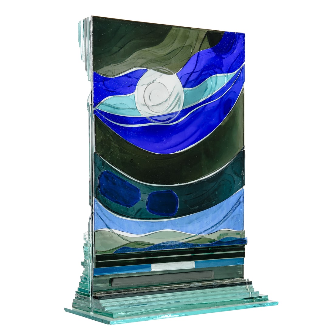 Toshio Iezumi Glass Sculpture: Japanese glass sculpture attributed to Toshio Iezumi (Lezumi), 20 1/2" x 14" x 7", tiny chip on base
