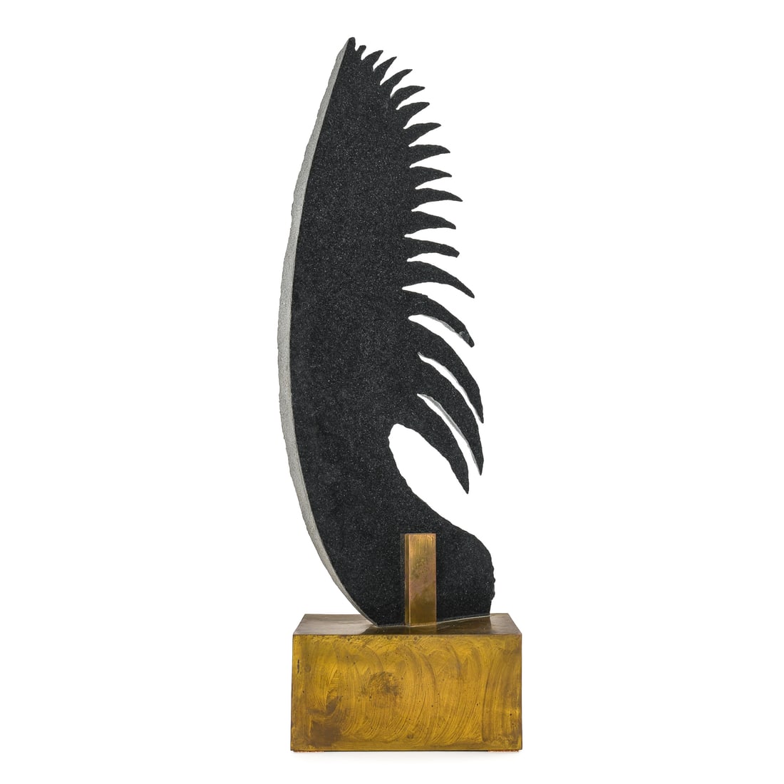 Christopher Curtis Steel & Stone Sculpture: Christopher Curtis cut and polished stone sculpture on brass base, signed Curtis '03 on base, ht 28", small chip repair on saw blade edge
