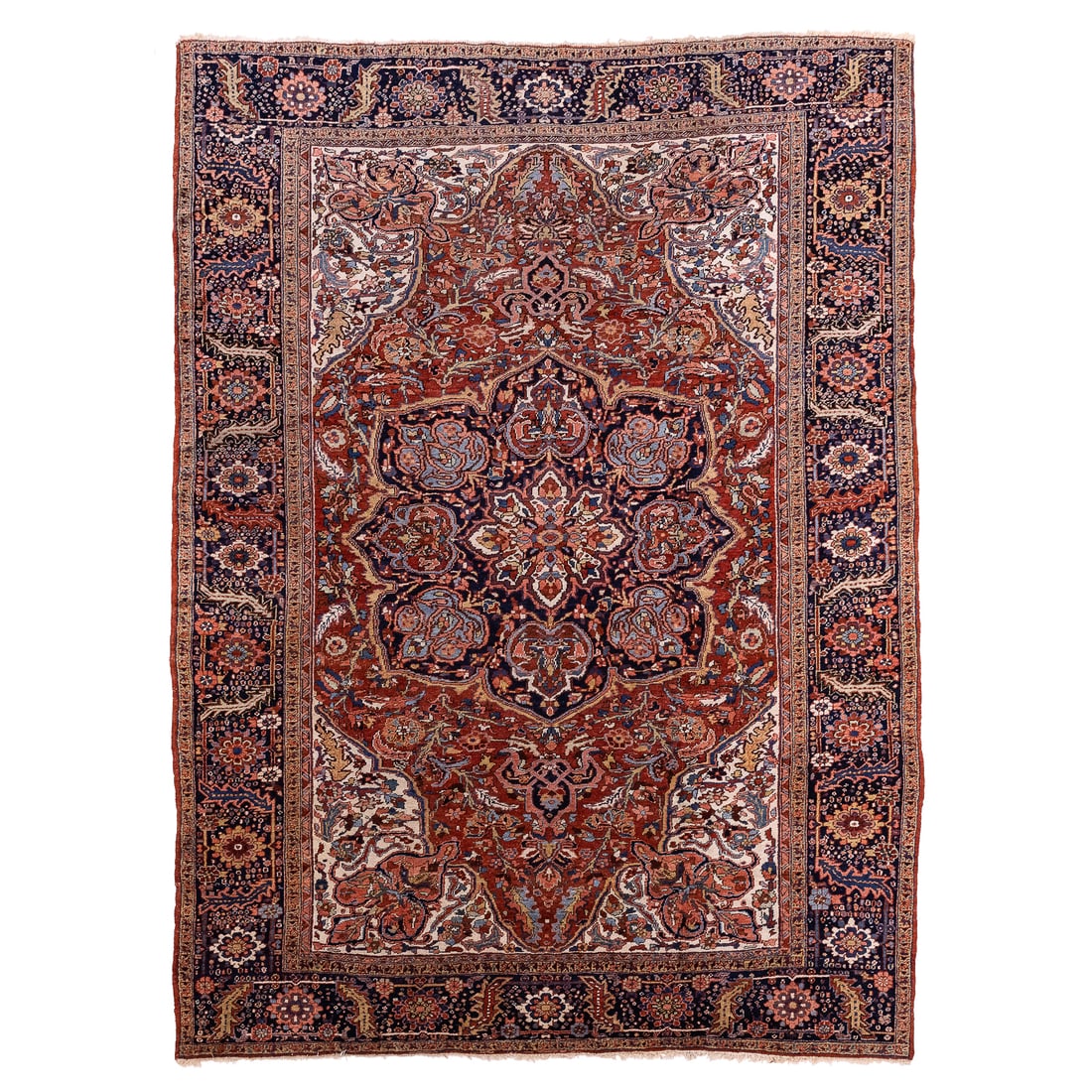 1920's Persian Heriz Main Carpet: Antique Persian Heriz main carpet, bold multi-color palette, slight uneven wear, small 1" tear, 8' 6" x 11' 10"
