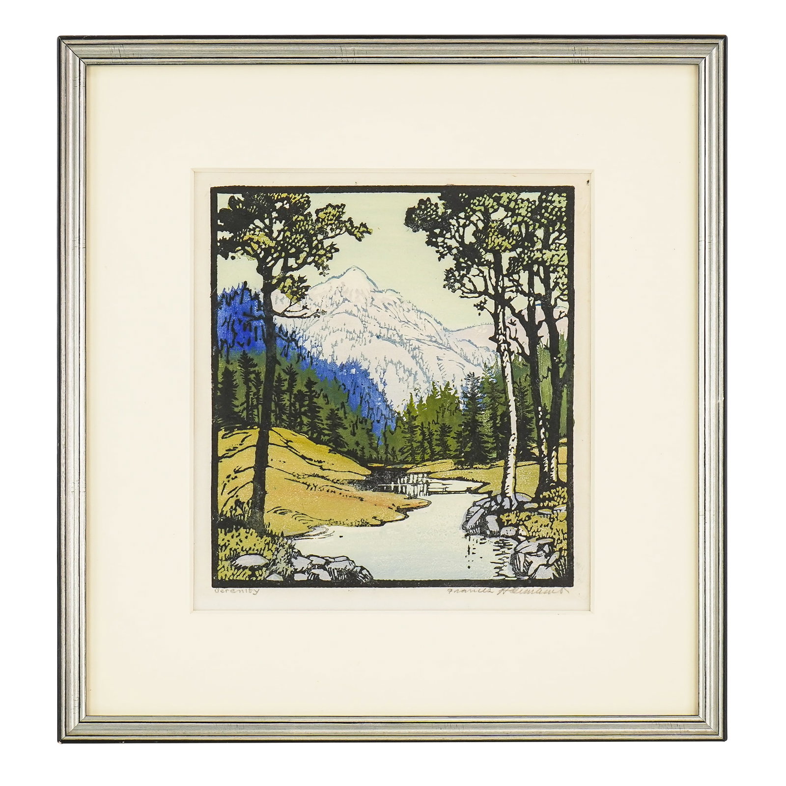 Frances Hammell Gearhart (AM 1869-1958) Serenity: Frances Hammell Gearhart (American 1869-1958) Serenity- Woodblock print on paper signed and identified lower margin- plate 10 x 9" 17.5 x 16.5" as framed.-From HyperAllergic -The California dream: a