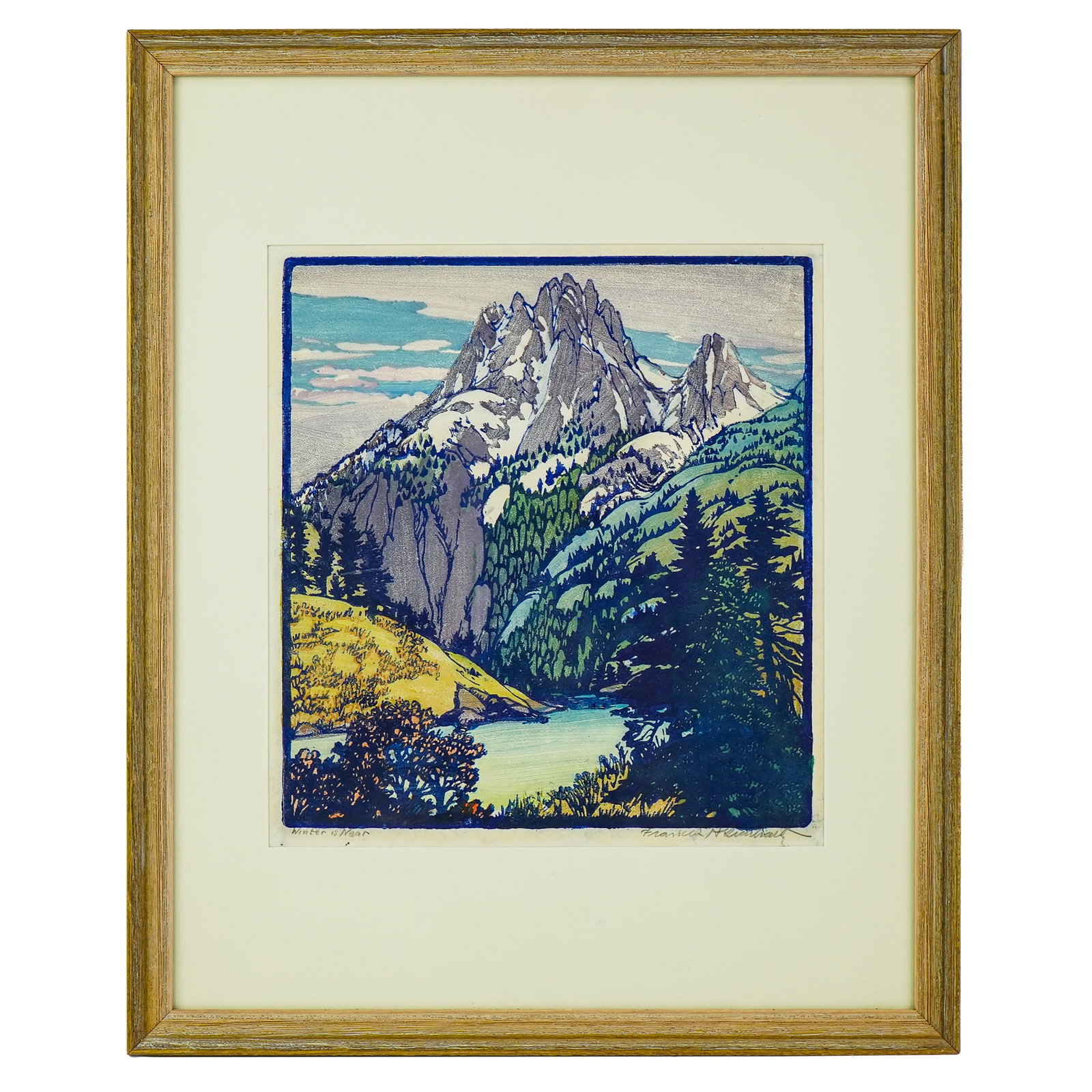 Frances Hammell Gearhart (AM 1869-1958) Winter is Near: Frances Hammell Gearhart (American 1869-1958) Winter is Near- woodblock on paper signed and identified lower margin- Plate 12 x 11" 21.5 x 17.5" as framed. -From HyperAllergic -The California dream: