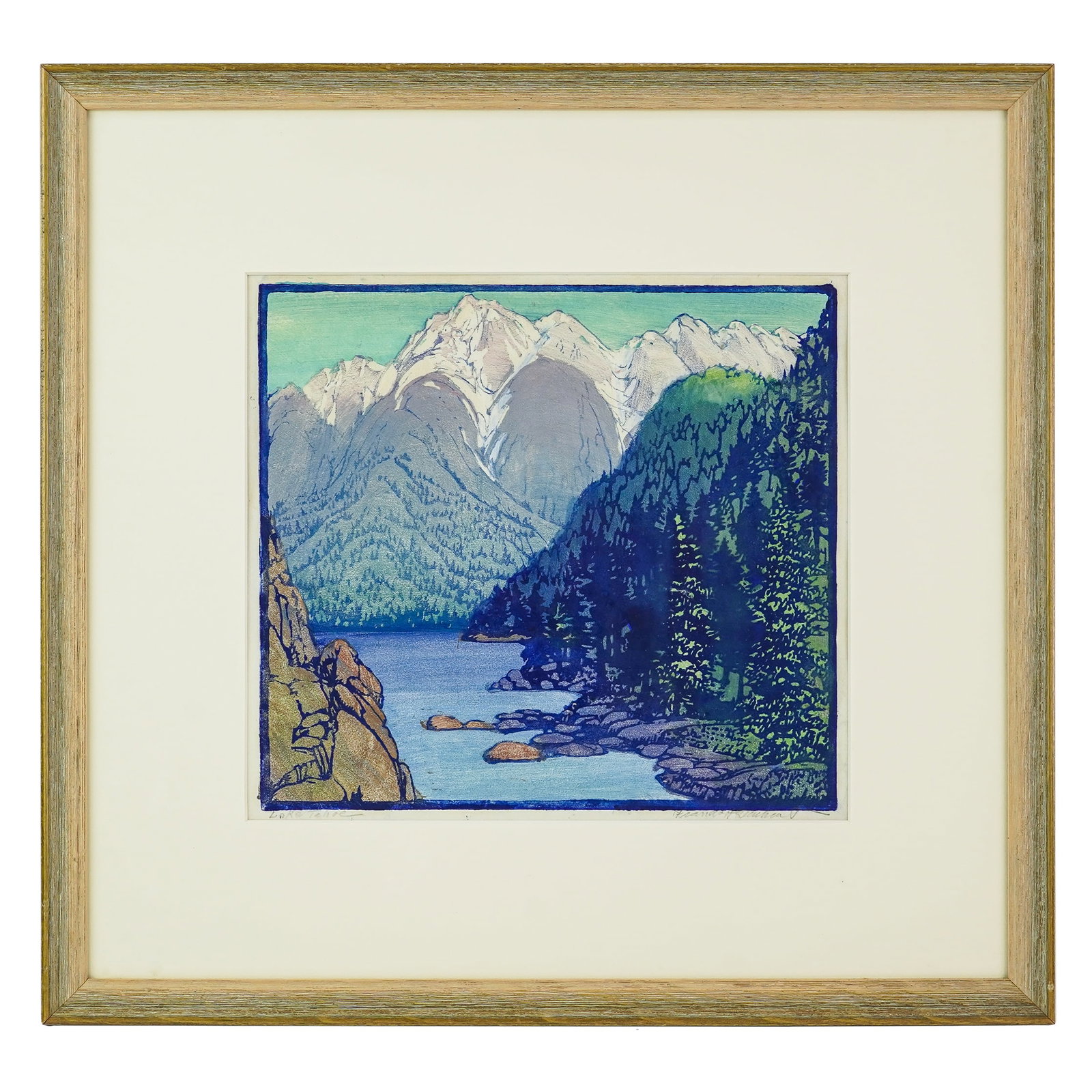 Frances Hammell Gearhart (AM 1869-1958) Lake Tahoe: Frances Hammell Gearhart (American 1869-1958) Lake Tahoe- Woodblock on paper- Signed and identified lower margin, plate-11 x 12" 20 x 21" as framed. -From HyperAllergic -The California dream: a lush, 