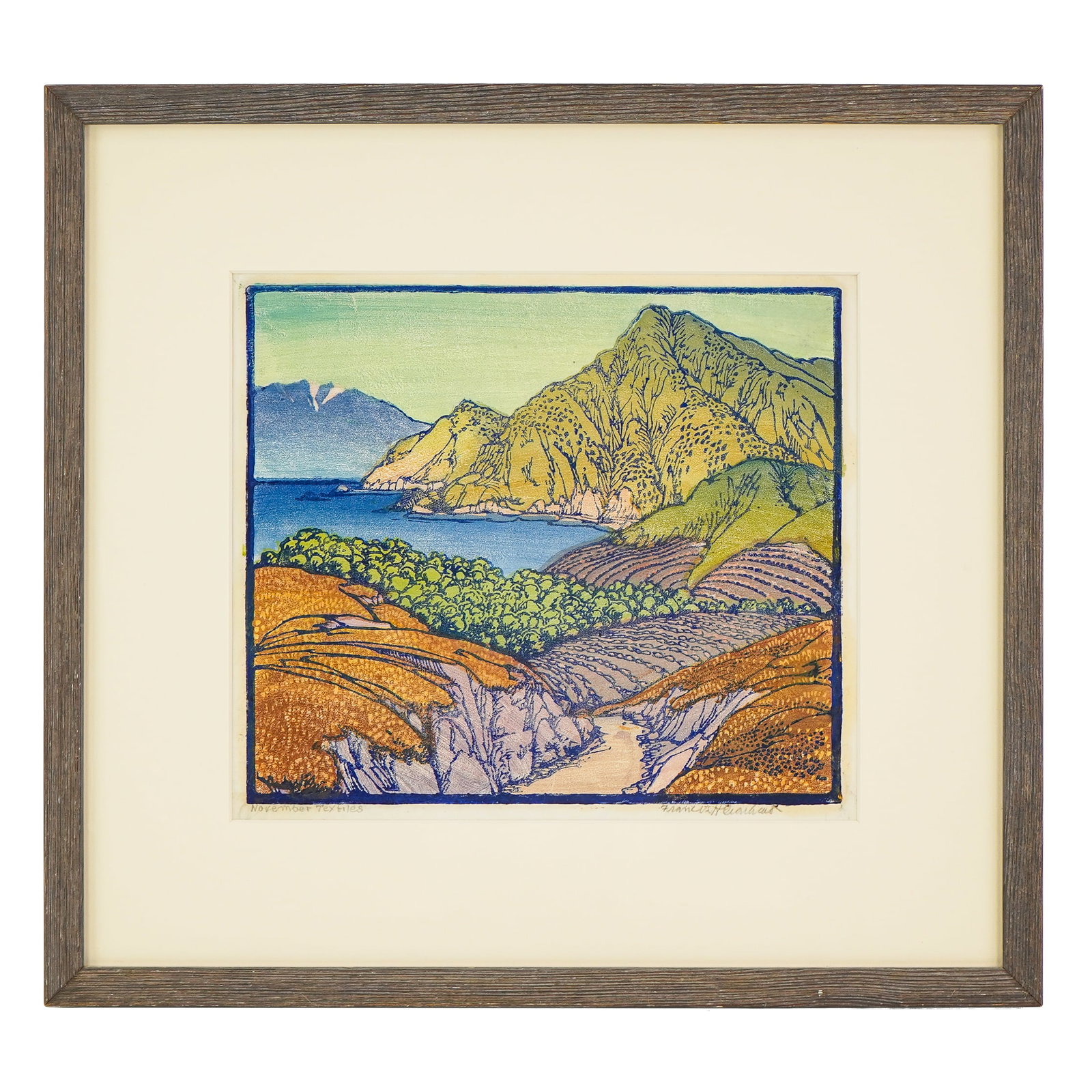 Frances Hammell Gearhart (AM 1869-1958) November Textiles: Frances Hammell Gearhart (American 1869-1958) November Textiles woodblock print on paper signed and identified lower margin- Plate 10 x 11.25" 18 x 19" as framed. -From HyperAllergic -The California
