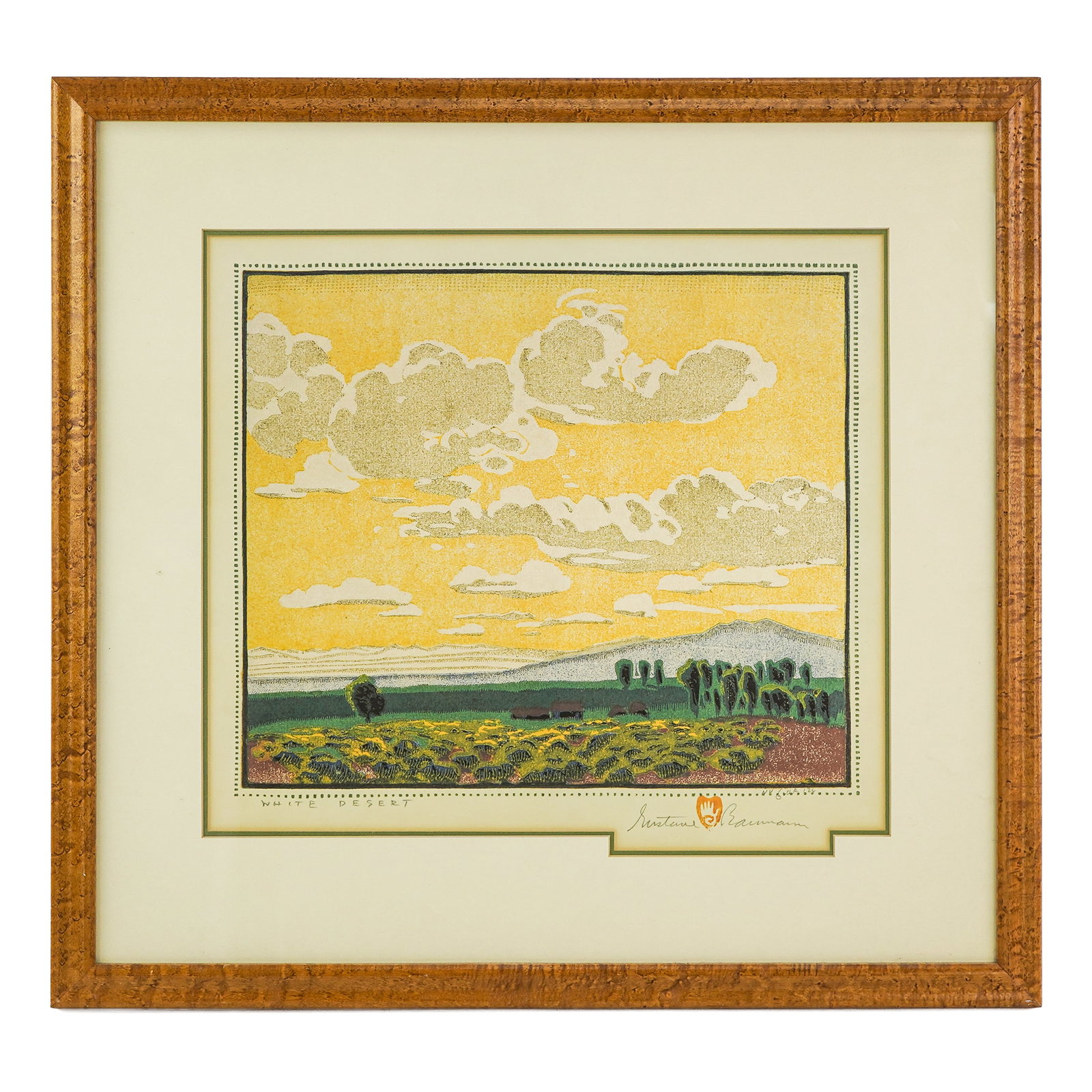 Gustave Baumann (DE/AM 1881-1971) White Desert: Gustave Baumann (German/American 1881-1971) White Desert Woodblock in colors- Signed and Identified lower margin with hand over heart stamp. editioned 6 of 120- plate 13.5 x 16" 24 x 25" as framed- Ba