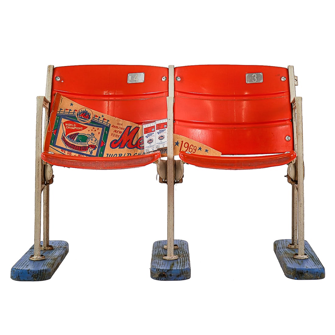 Two Mets Stadium Seats with 1986 World Series Tickets: Two Mets Stadium Seats made by Arlington Seating Co. With Numbers 3 and 4- Steel and plastic with later wooden base. Sold with a Mets Ephemera Lot of two tickets from Game 6 of the 1986 World Series.