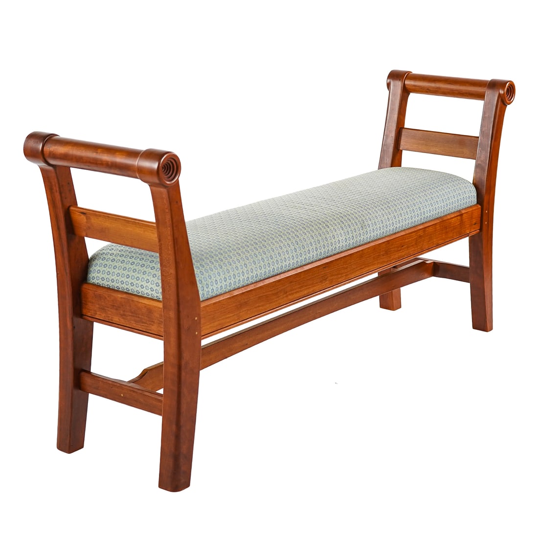 TImothy Waite- Burlington VT Cherry Window Bench: Timothy Waite- Burlington Vermont cherry window bench in blue upholstery 28 x 56 x 17"