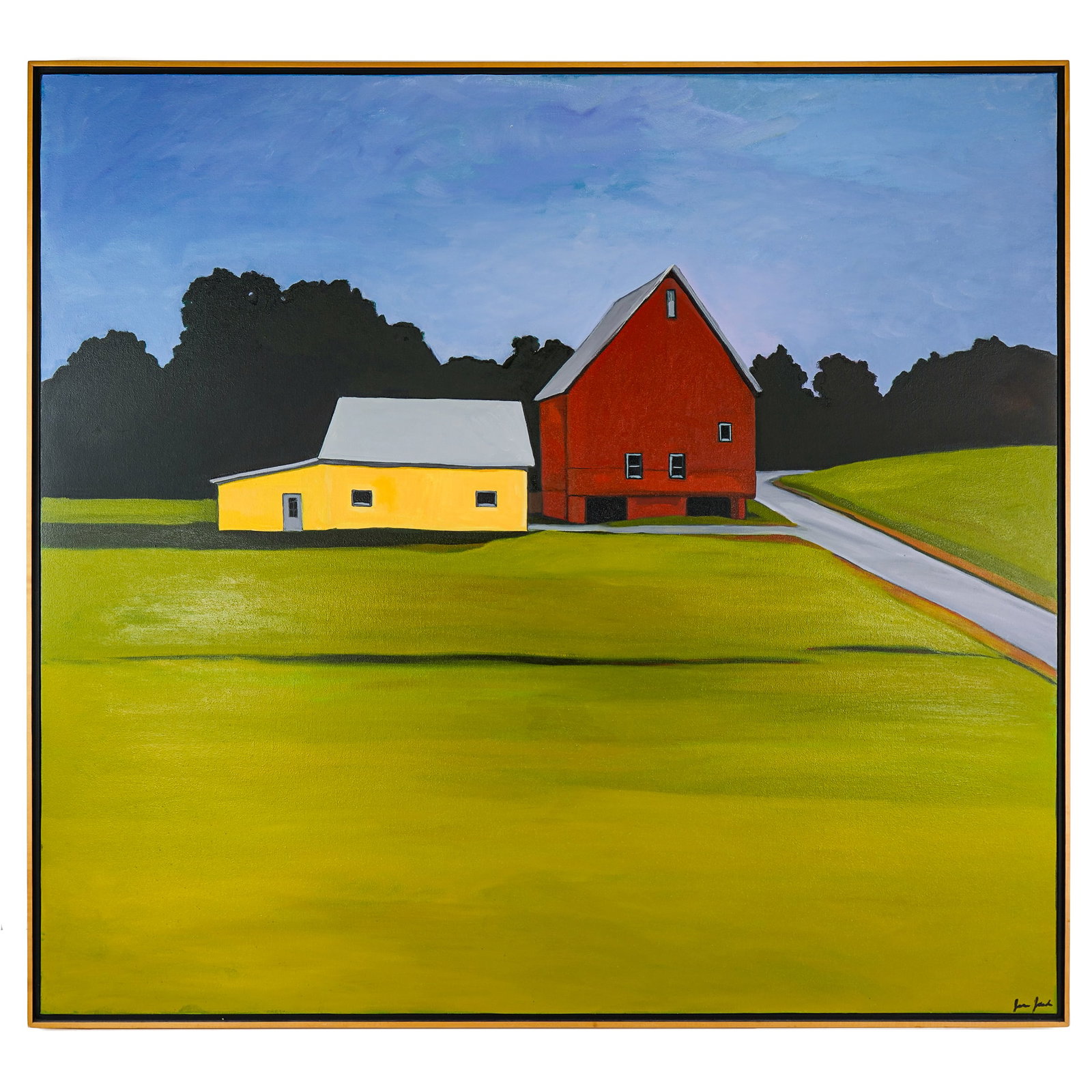 Jean Jack (ME Contemporary) Two Barns: Jean Jack (Maine Contemporary) Two Barns oil on canvas signed lower right in minimalist frame approx 48 x 52" ack studied with Marshall Glazier and Leo Manso at the Art Students League in New York