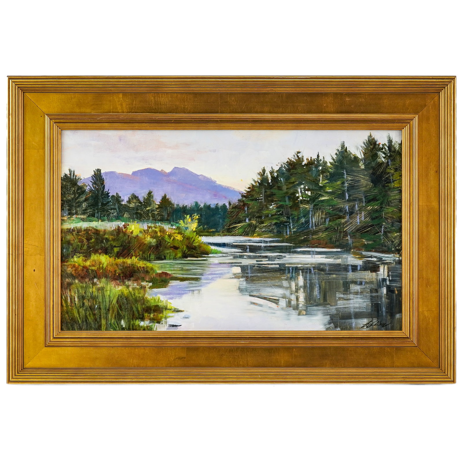 Elizabeth Allen (VT contemporary) Twilight Reflections: Elizabeth Allen (Vermont Contemporary) Twilight reflections oil on board 12 x 20" 18 x 26 as framed. From her website: Allen received her BFA from the Rhode Island School of Design in 1972 where she s