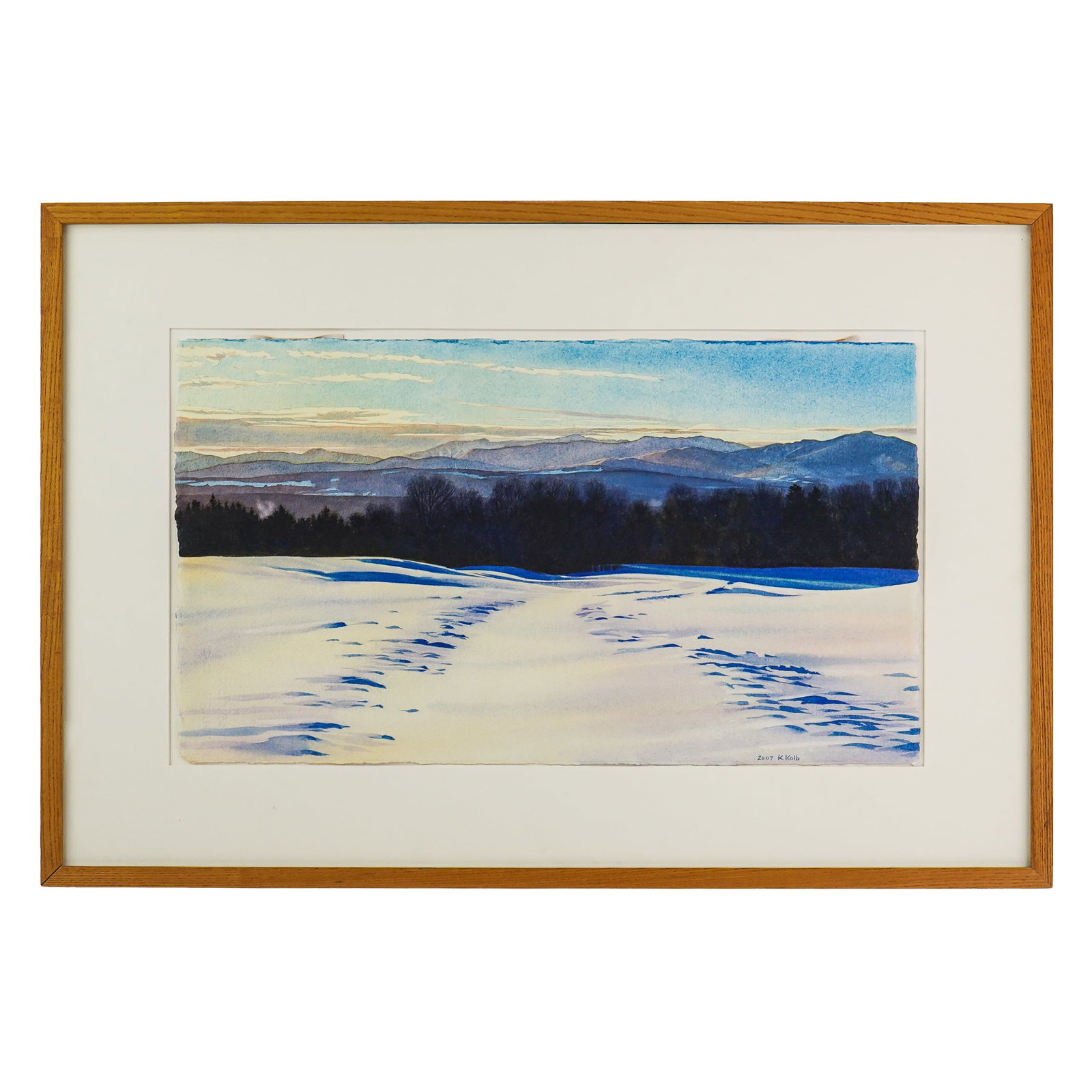 Kathleen Kolb (VT 1954-) Snow Tracks: Kathleen Kolb (Vermont 1954-) Snow Tracks watercolor on paper signed lower right dated 2007 13 x 23" 21 x 31" - From Her Artist statement: he primary theme in all my work is light. In addition to ligh