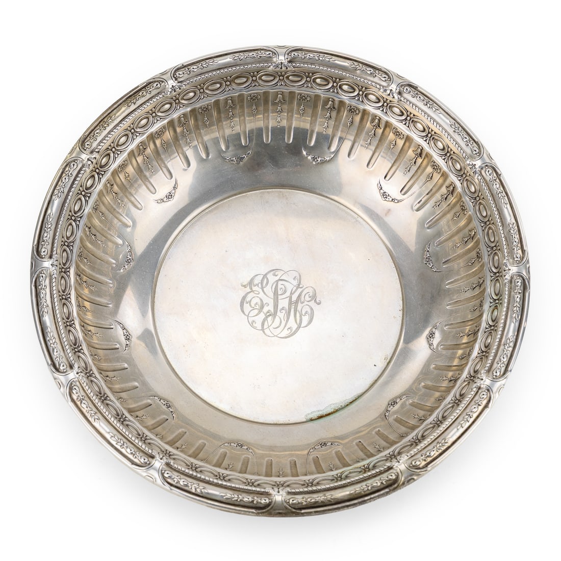 Gorham Marie Antoinette Sterling Bowl: Early 20th c. Gorham "Marie Antoinette" neoclassical repousse sterling silver bowl, having cursive script monogram in center, excellent condition. 2" x 9" 10 ozt.