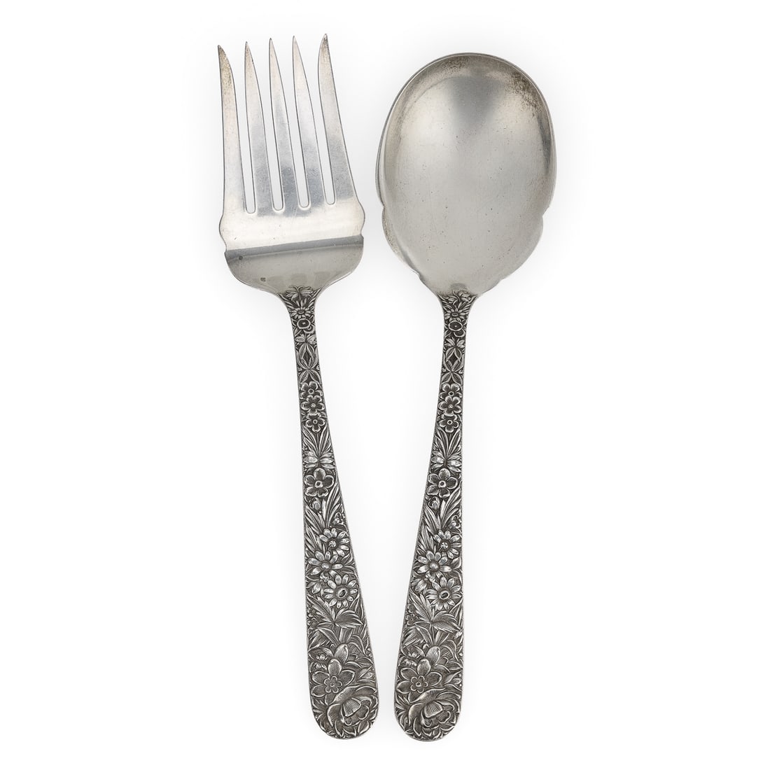 Kirk Repousse Sterling Serving Fork and Spoon: S. Kirk and Sons Baltimore, MD "Repousse" pattern floral decorated sterling silver serving fork and spoon, overall excellent condition 9.5" 7 ozt.