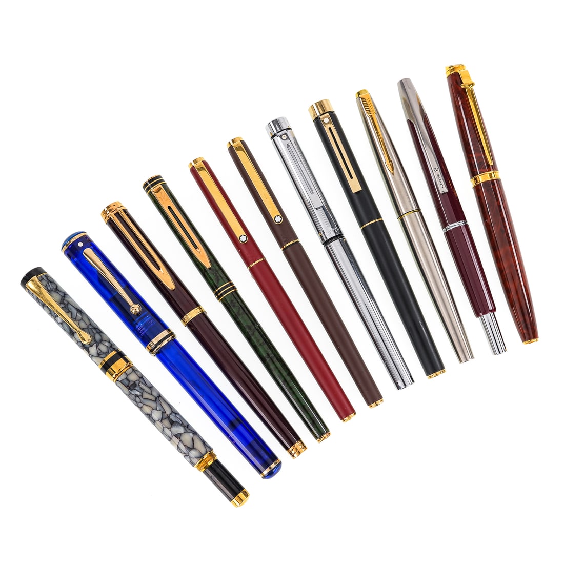 Modern Fountain Pens & Stand: A collection of 11 modern fountain pens in a cherry wood Levenger pen stand. Collection has two Montblanc Slimline (one cap stuck), Caran D'ACHE Swiss gold plated "G" with 18k tip, Sheaffer in