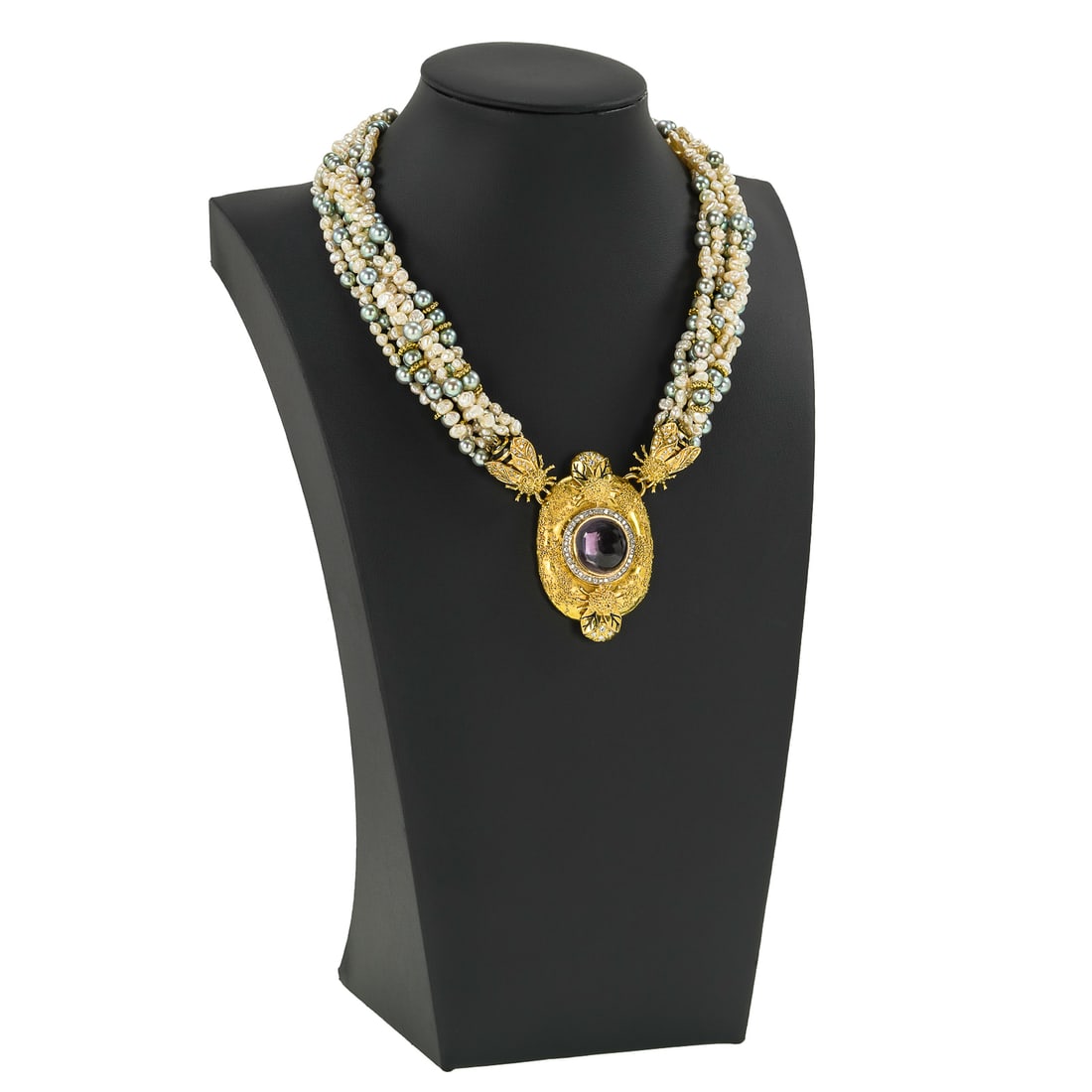 Elizabeth Gage 18k, Pearl, Diamond, & Pink Tourmaline Bee Necklace: Elizabeth Gage 18k yellow gold, diamond, pearl, & pink tourmaline necklace. 15" long chain of 7 strands of various colored freshwater pearls having gold disc spearations, 14" long. Chain ends at each