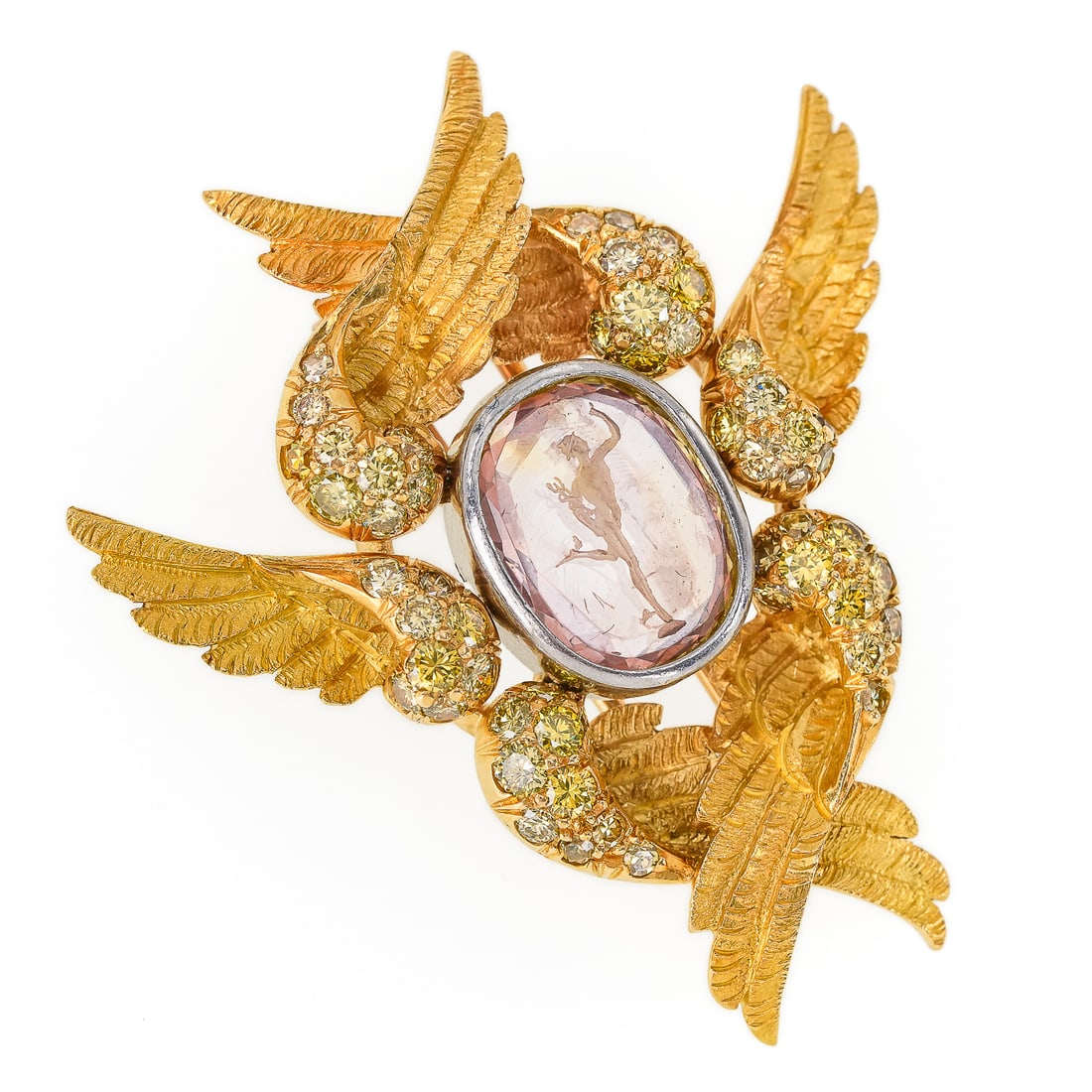 Elizabeth Gage 18k & Canary Diamond Brooch: Elizabeth Gage 18k yellow gold brooch pin with center intaglio oval glass Neo-Classical panel with image of Hermes, 13 mm long. Surrounded by 6 wings each set with 9 - .015 round cut canary diamonds. 