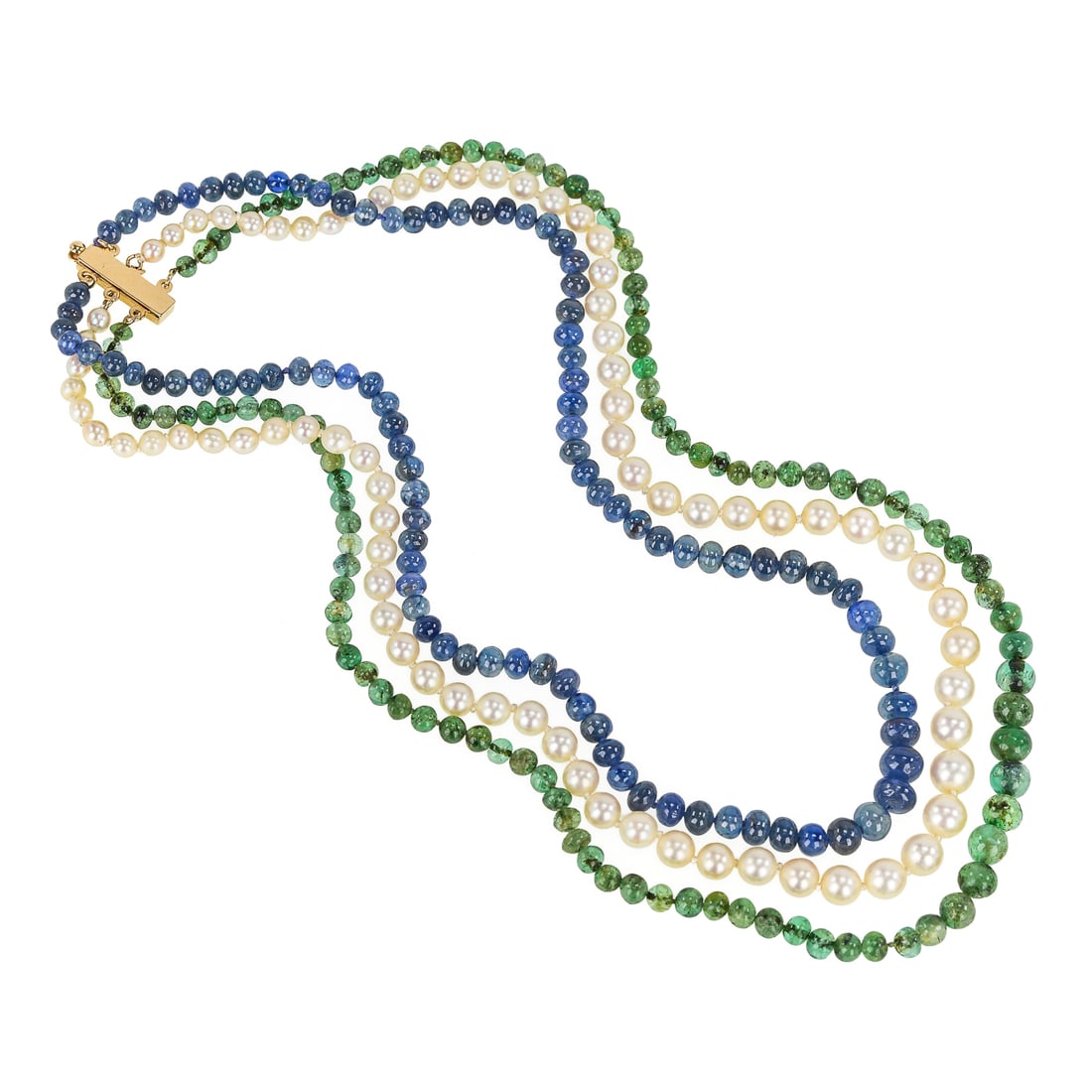 Sapphire, Emerald, & Pearl Triple Strand Necklace: Triple strand necklace having Graduated strand of sapphires 3 mm to 6 mm. Pearls 3mm to 6mm. Emerald beads 3 mm to 5 mm. 14k yellow gold clasp. 14" long.
