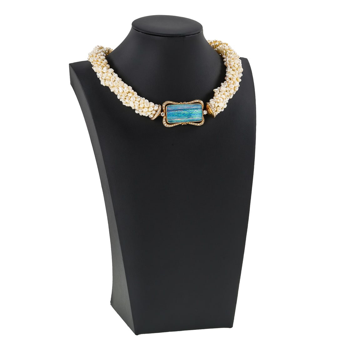 Fine 31 CT Opal, 14k, & Freshwater Pearl Necklace: 14k yellow gold necklace with freshwater pearl choker and fine opal. Necklace consists of 8 twisted strands of freshwater pearls. 14k yellow gold clasp with a very fine natural boulder opal in