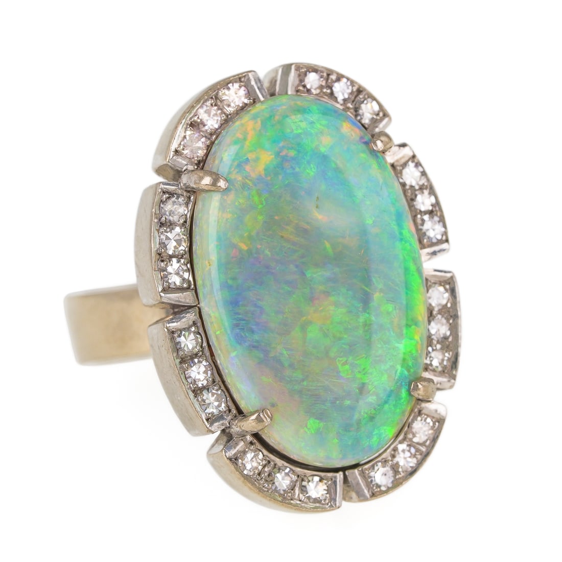 14k Australian Opal & Diamond Ring: 14k white gold ring set with a oval polished Australian opal 23 mm x 14 mm x 5 mm with a 24 .03 rd cut diamond surround. Ring size 8.5 17.72 grams t.w.