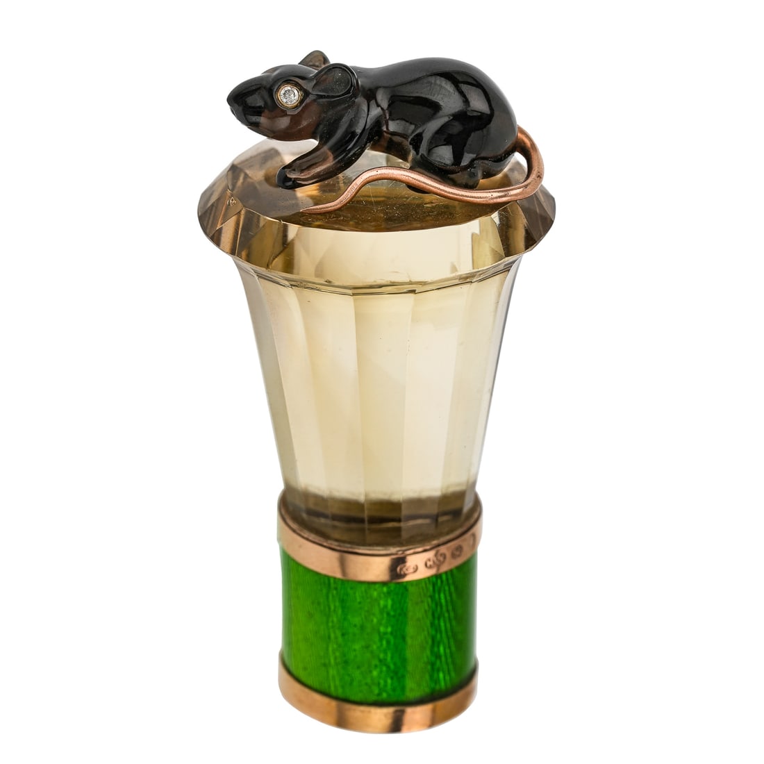 Karl Faberge Cane Head: Karl Faberge 14k yellow gold multi tone, rock crystal, green Guilloché Enamel, with carved onyx rat figural top with round cut diamond eyes and yellow gold tail. Signed by Henrik Wgistrom for Karl