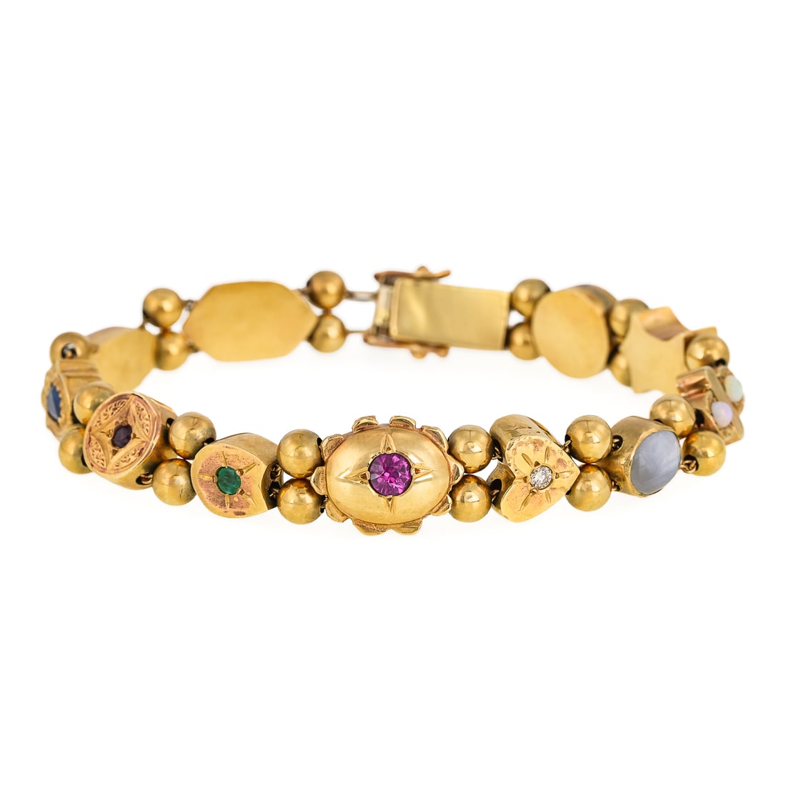 Victorian Charm Style Bracelet: 14k yellow gold Victorian bracelet with various charm like links separated by 2 gold balls. Including a 3 ct - 7 mm x 9 mm x 4 mm natural grey star sapphire, small diamonds, rubies, amethyst,