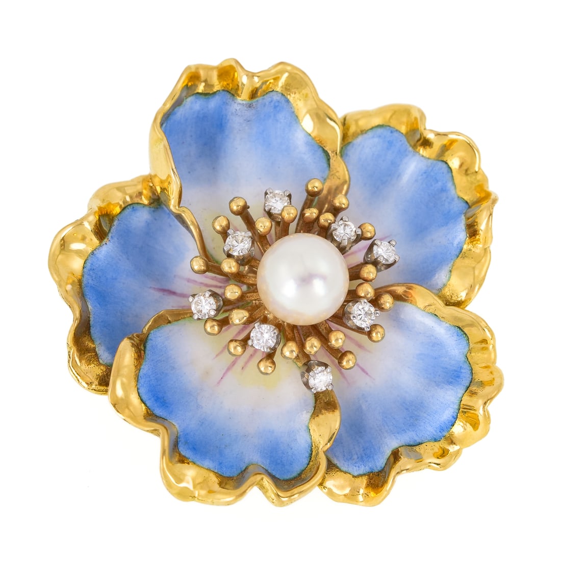 18k, Enamel, Pearl, & Diamond Flower Brooch: 18k yellow gold brooch pin with blue & white enamel decorated pedals, having a center 7 mm pearl with 8 .02 ct diamonds in surround. 1 3/8" wide. 23.95 grams t.w