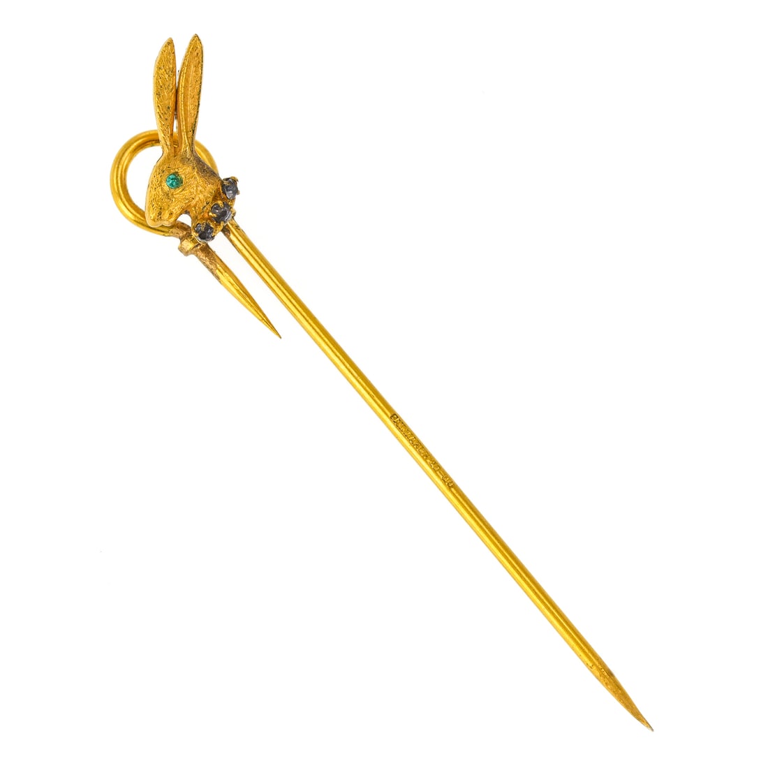 Victorian Nodding Rabbit Head Stick Pin: Victorian gold stick pin with figural rabbit head that vibrates. 2 1/2" long. Green eyes.